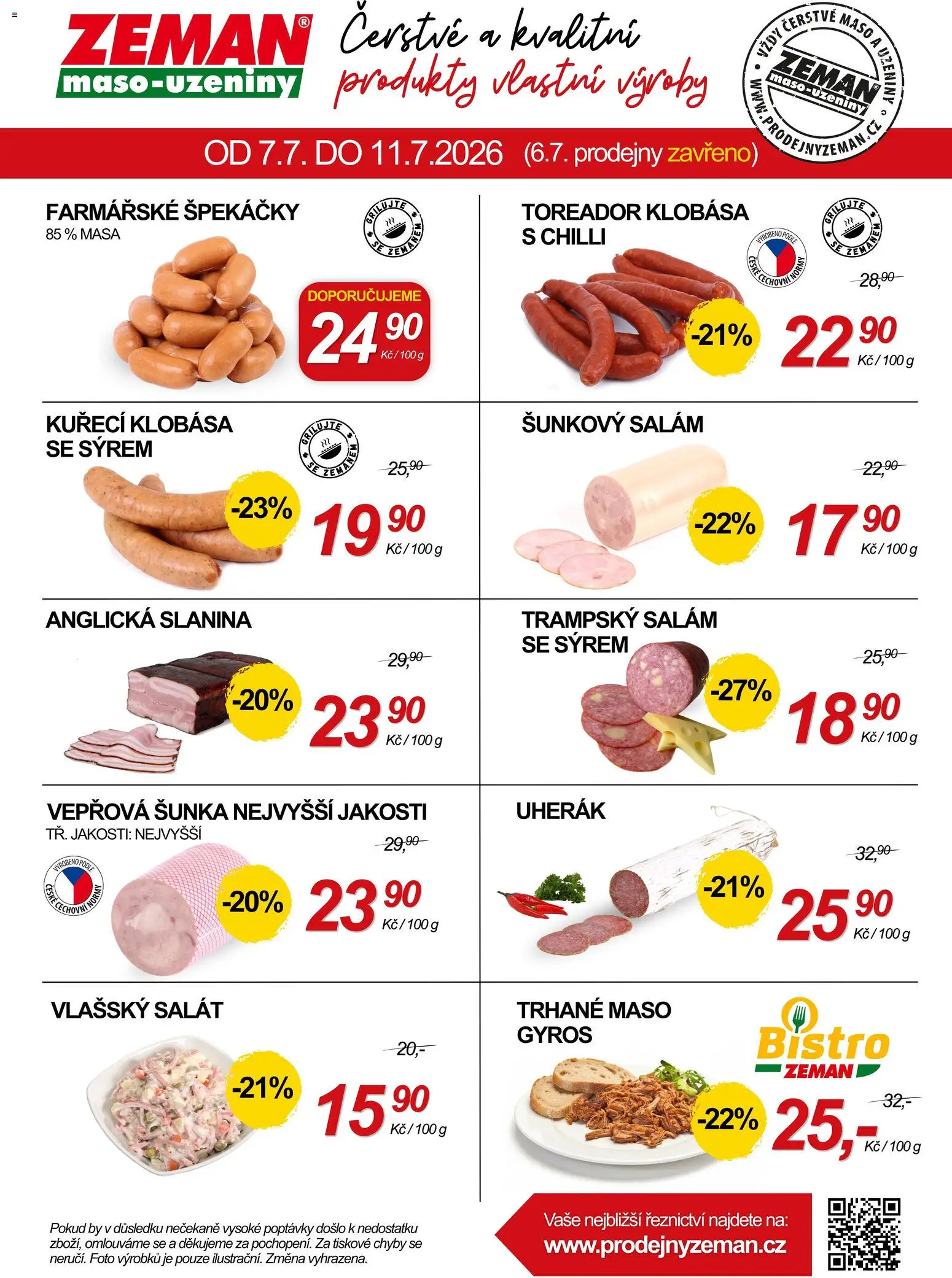 Prodejny Zeman leták - Akce týdne od 07.07.2026 | Strana: 1 | Produkty: Uherák, Trhané maso, Salát, Maso