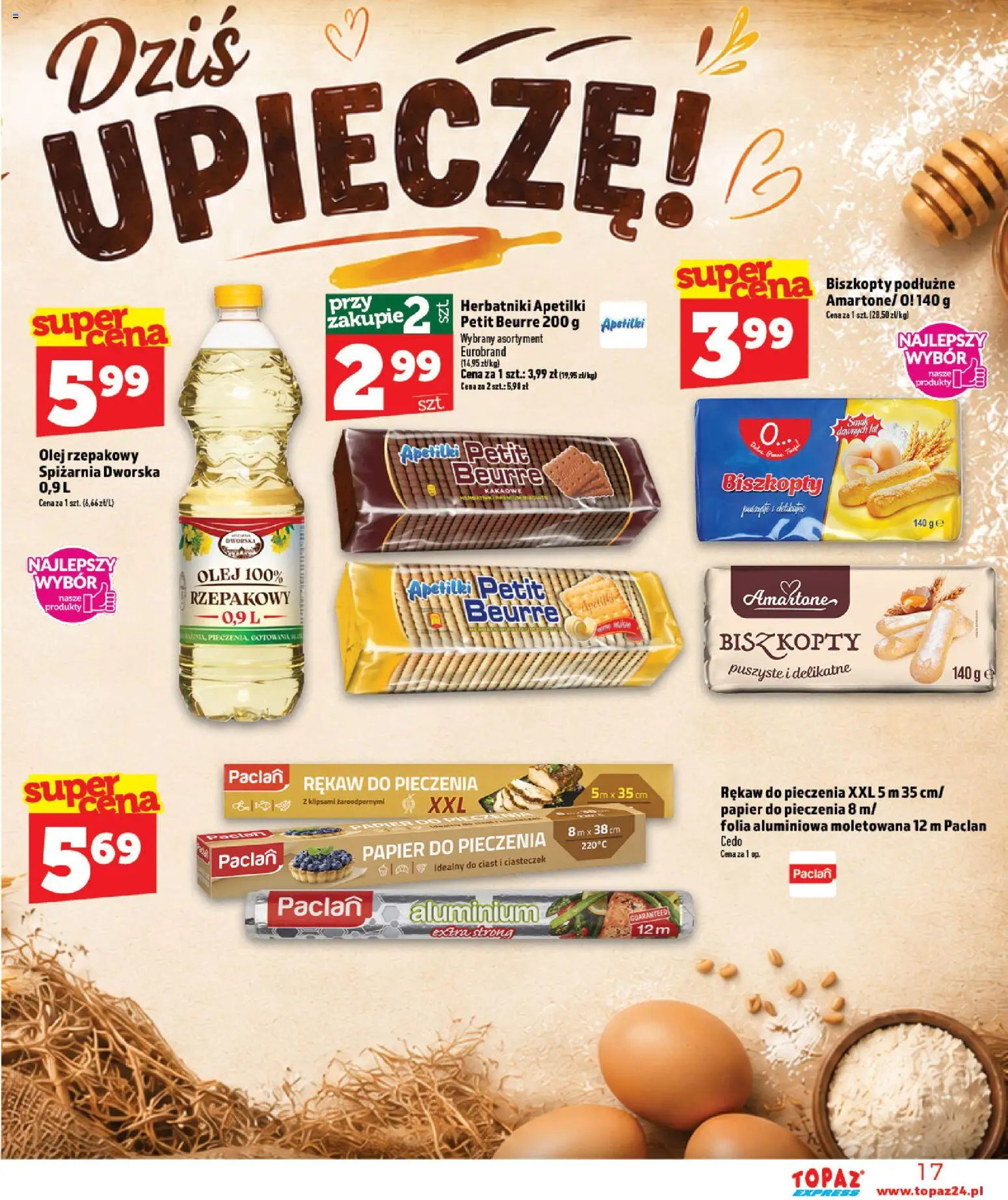 Topaz gazetka - Express od 29.10.2026 | Strona: 17 | Produkty: Biszkopty podłużne, Herbatniki, Folia, Olej