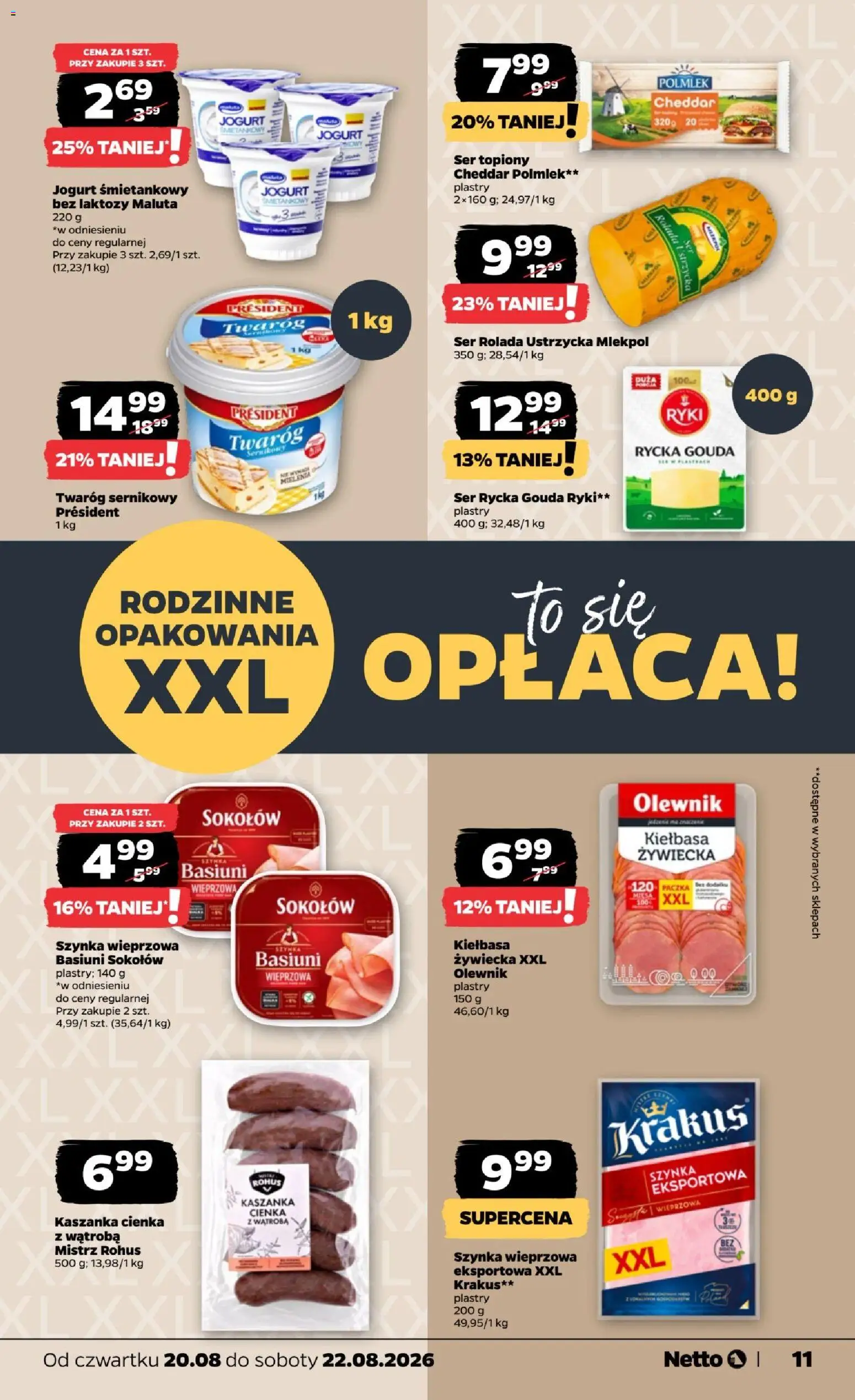 Netto gazetka od czwartku od 20.08.2026 | Strona: 11 | Produkty: Kiełbasa, Ser topiony, Bez laktozy, Twaróg 1 kg
