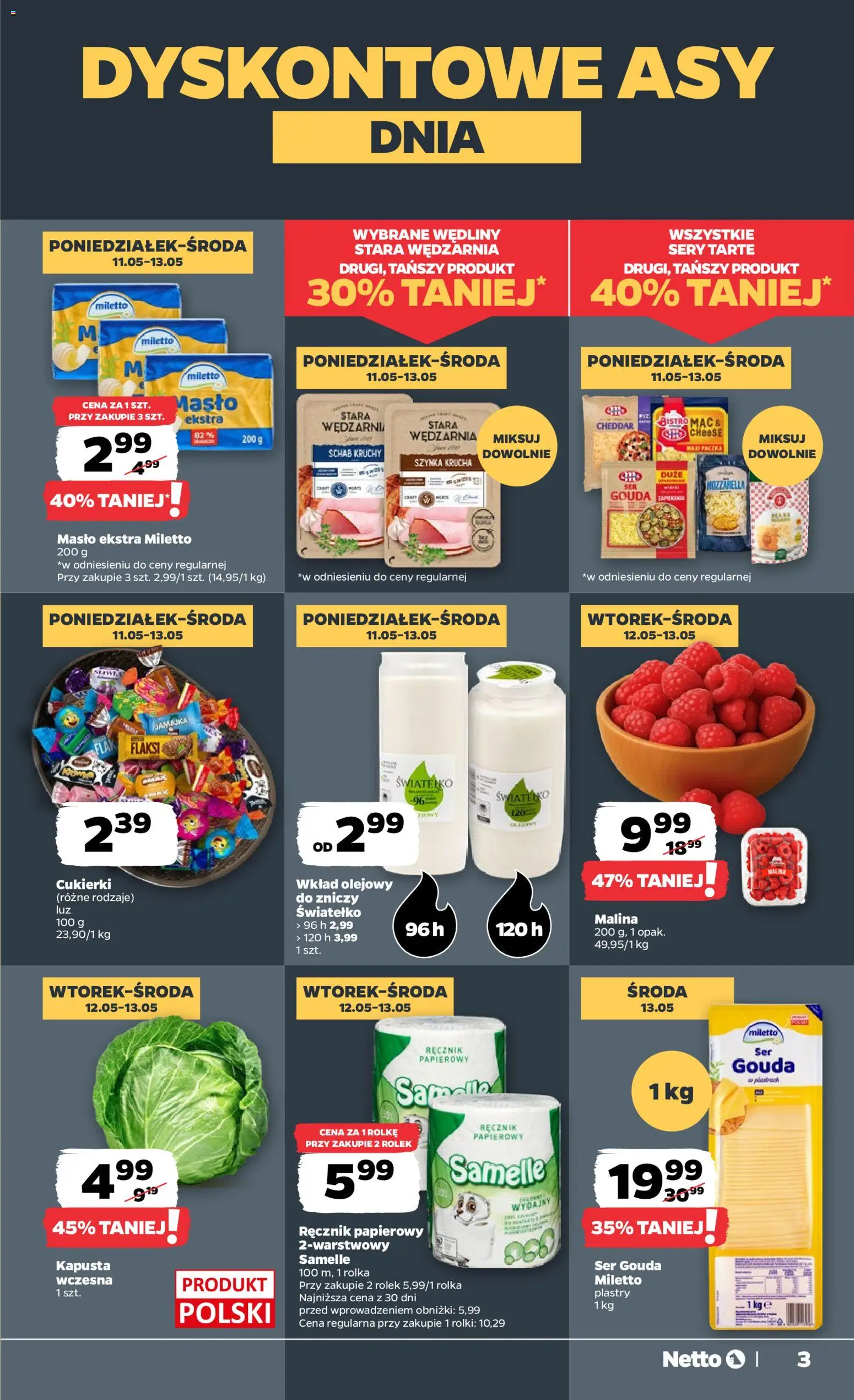 Netto gazetka od poniedziałku spożywcza od 11.05.2026 | Strona: 3 | Produkty: Szynka, Masło, Cukierki, Ręcznik papierowy