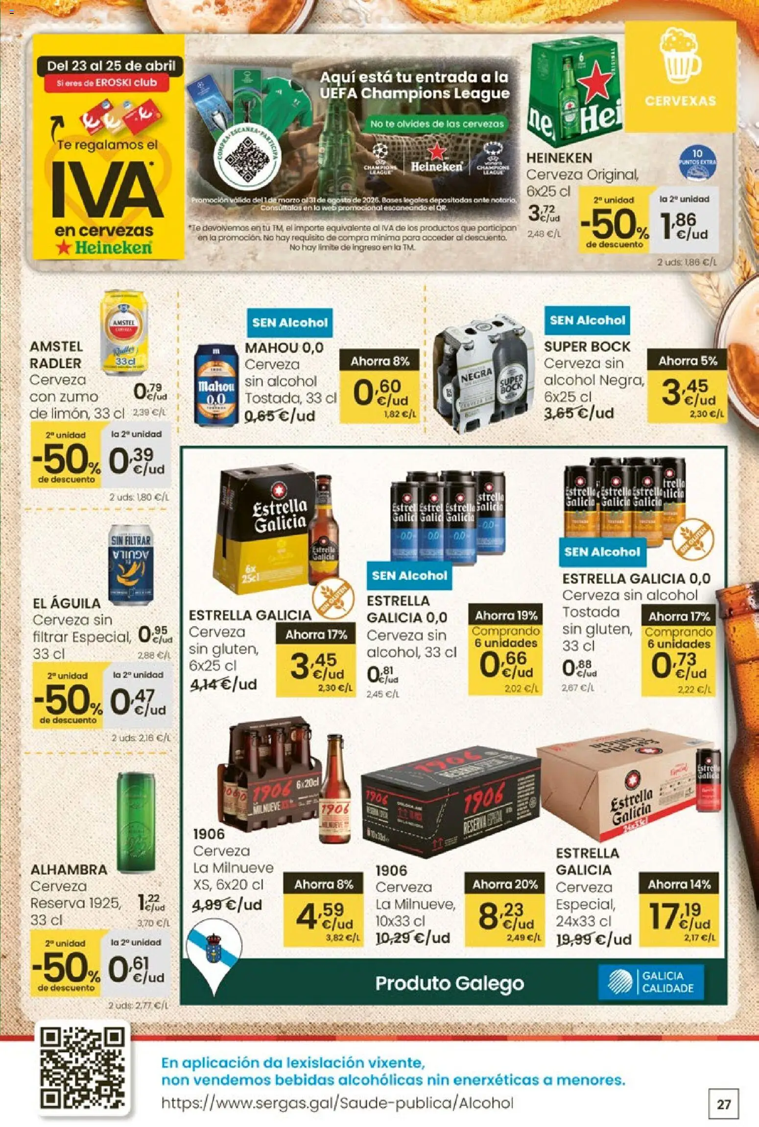 Eroski Quieres ahorrar conmigo │ válido desde el 16.04.2026 | Página: 27 | Productos: Cerveza sin alcohol, Cerveza, Ροζ πιπέρι, Té