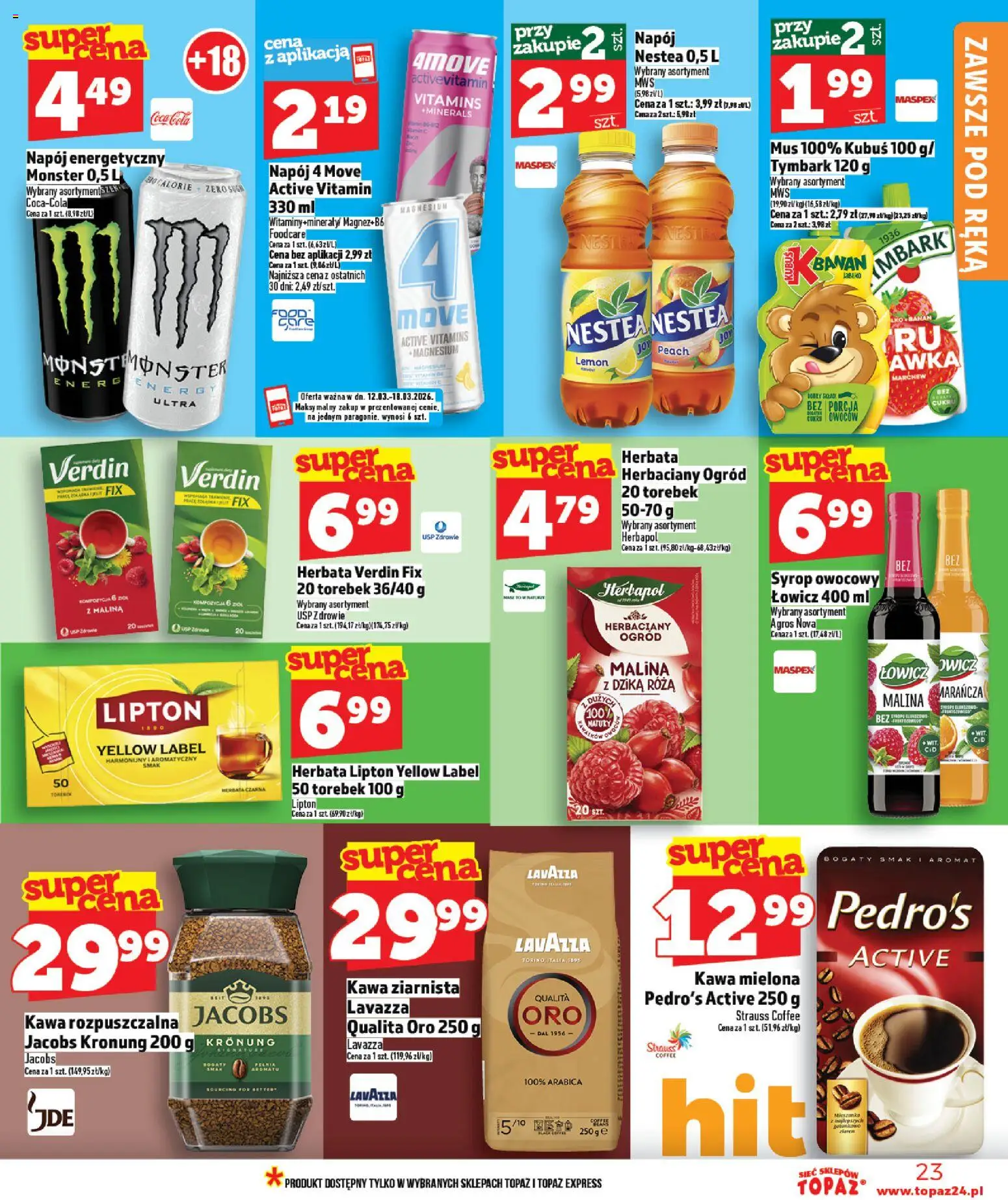 Topaz gazetka od 12.03.2026 | Strona: 23 | Produkty: Malina, Herbata lipton, Kawa, Herbata