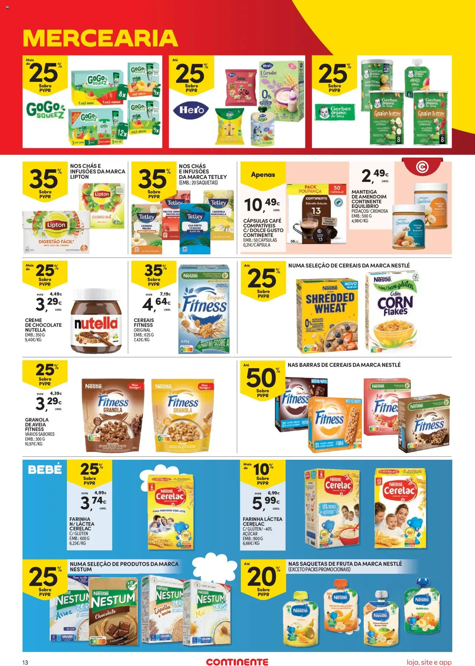 Continente Semanal Continente Bom Dia │ válido de 12.05.2026 | Página: 13 | Produtos: Barras de cereais, Cápsulas café, Açúcar, Creme