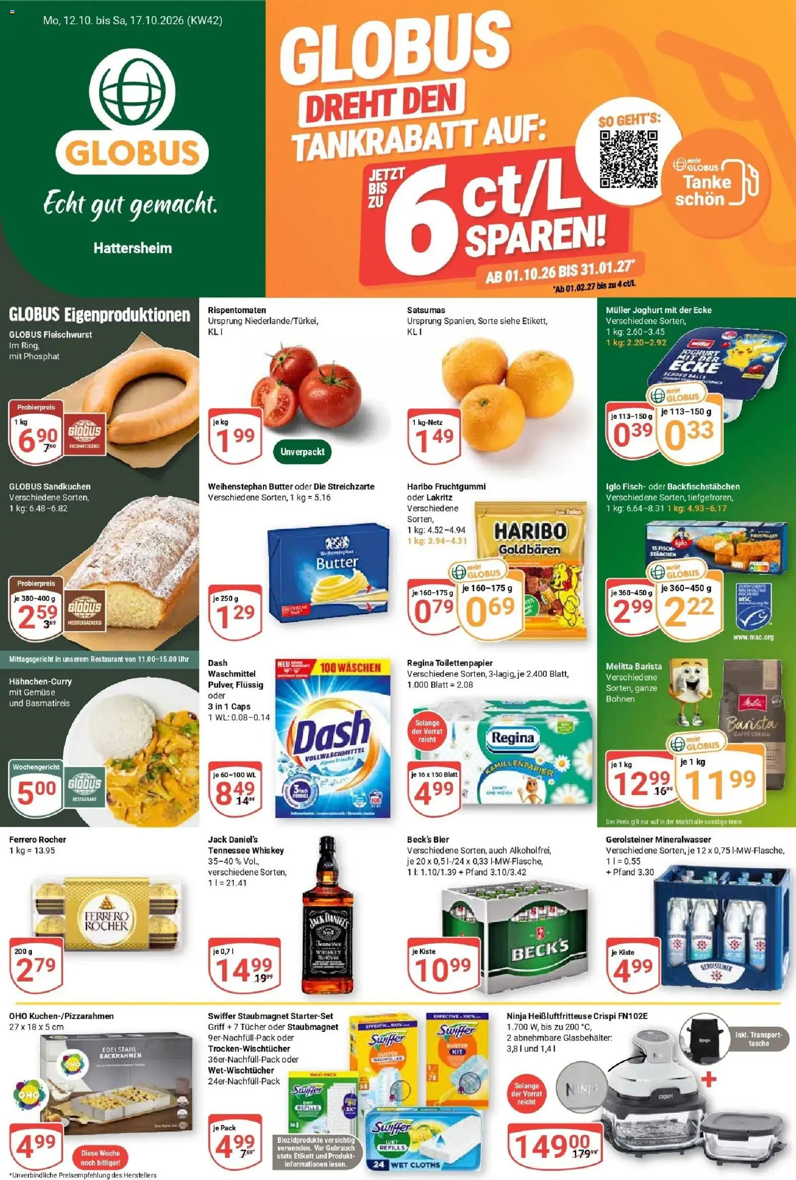 Globus Prospekt Hattersheim (ab 12.10.2026) » Angebote online | Seite: 1 | Produkte: Tasche, Weihenstephan butter, Heißluftfritteuse, Whiskey