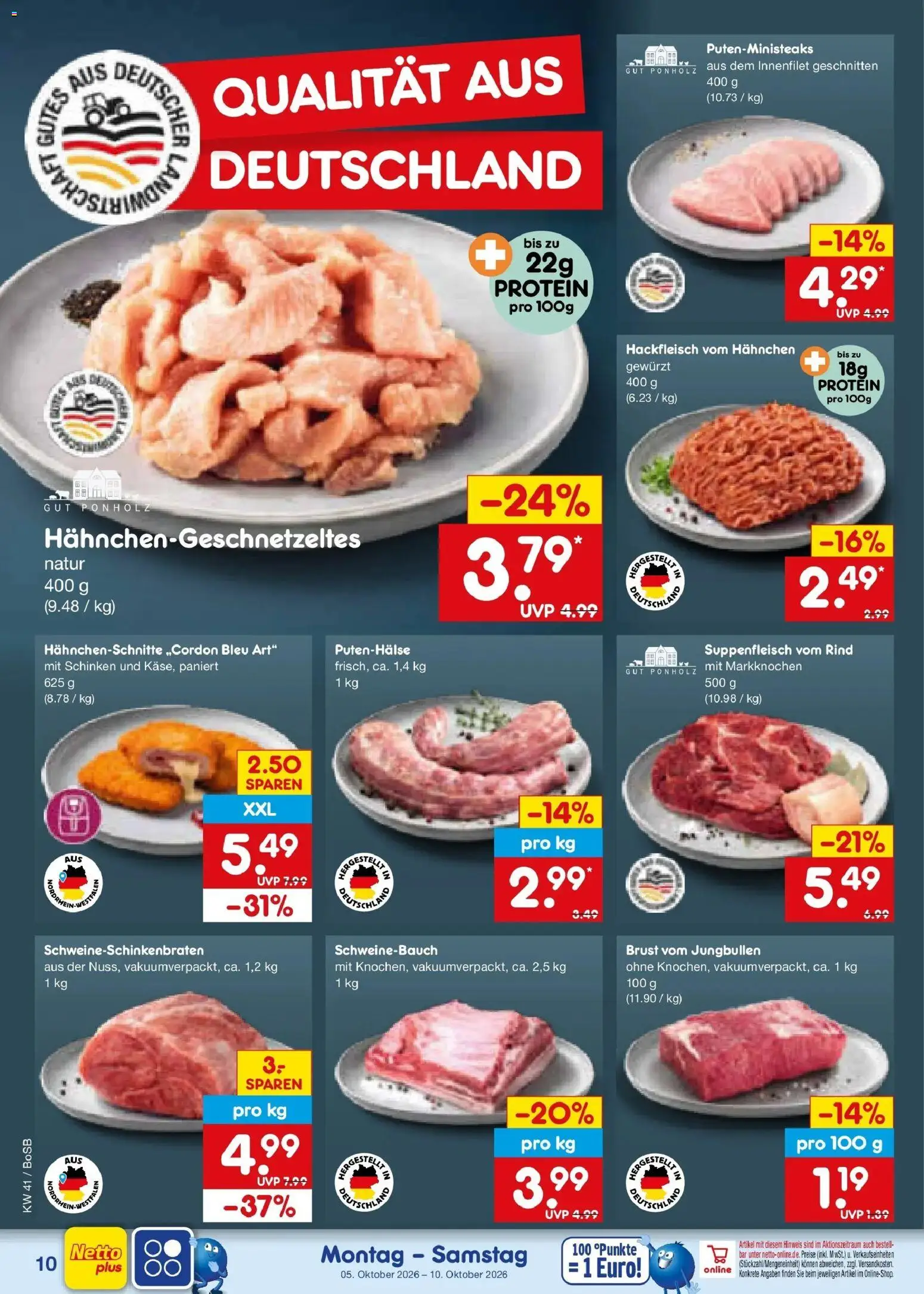 Netto Marken-Discount Prospekt Bochum – gültig ab 05.10.2026 | Seite: 10 | Produkte: Hahnchen, Schweinebauch, Schinken, Hackfleisch