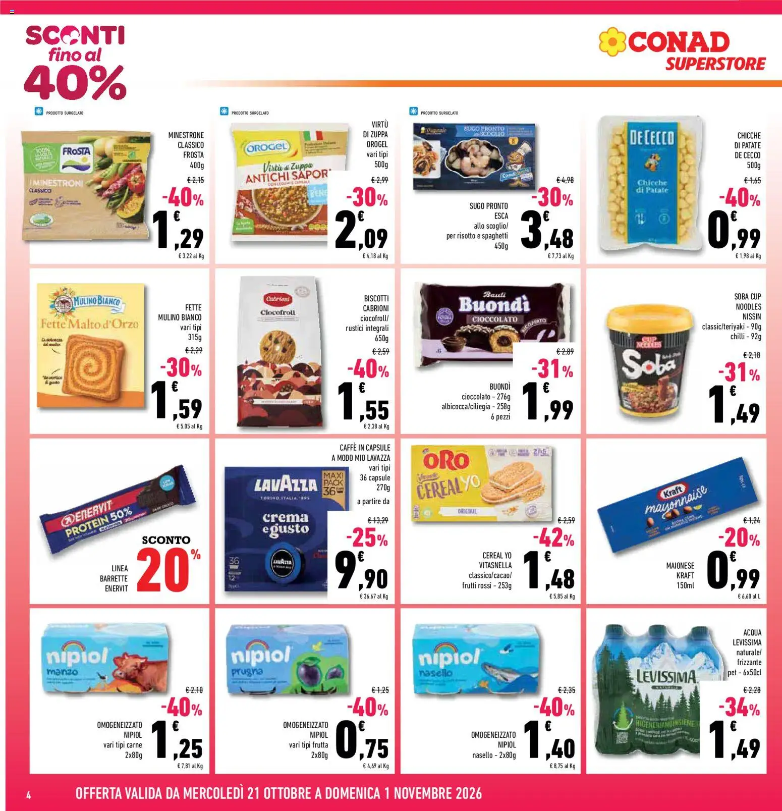 Volantino Conad del 21/10/2026 | Pagina: 4 | Prodotti: Minestrone, Manzo, Acqua, Lavazza