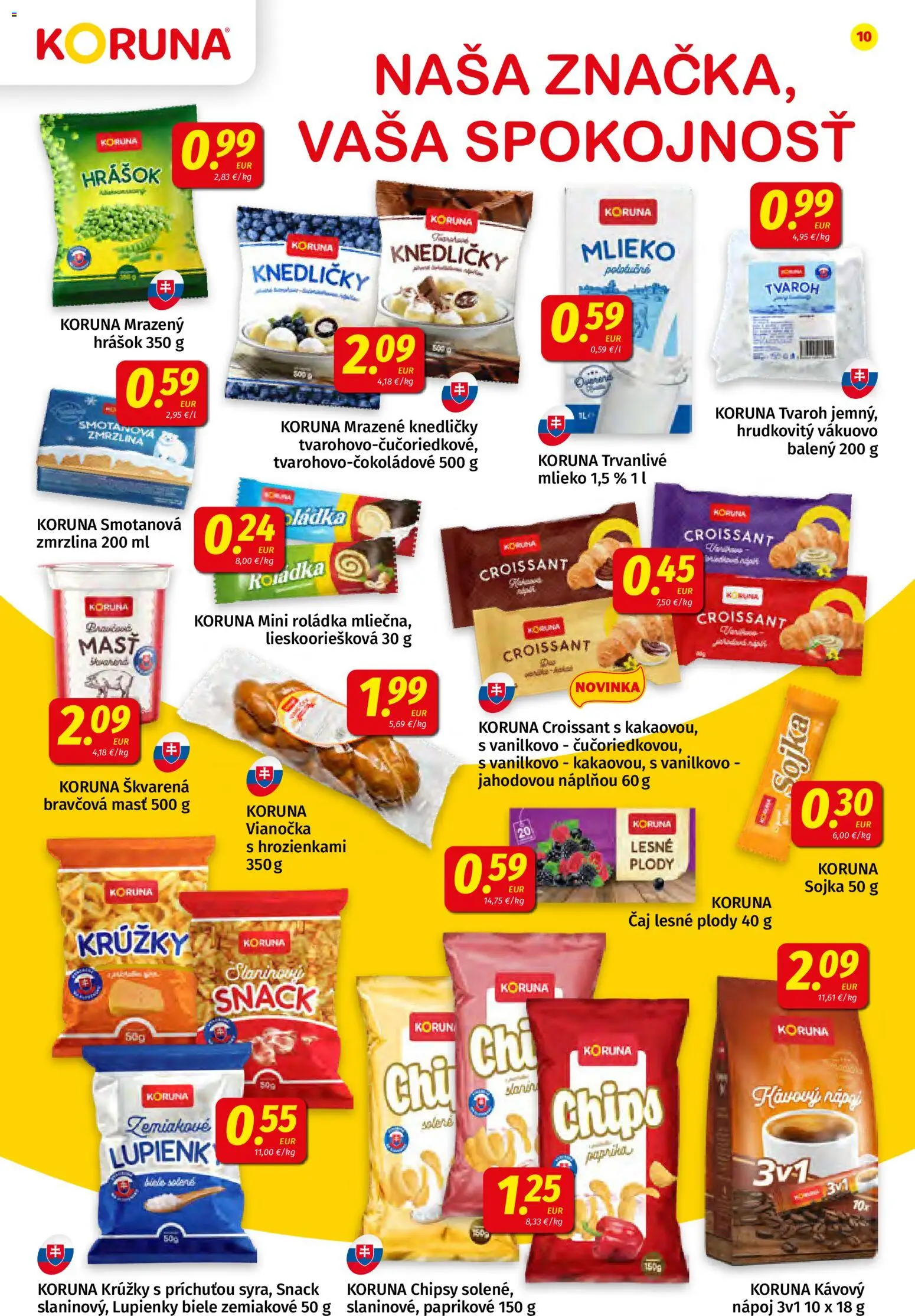Nové Koruna akcie – leták je platný od 20.03.2026 | Strana: 10 | Produkty: Mlieko, Croissant, Hrášok, Chipsy