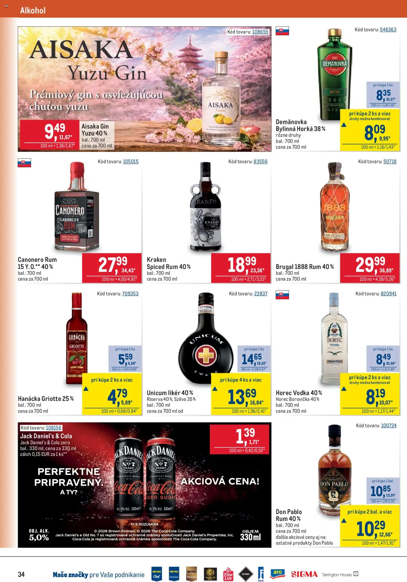 Nové Metro akcie – leták je platný od 20.05.2026 | Strana: 34 | Produkty: Borovička, Vodka, Cola, Rum