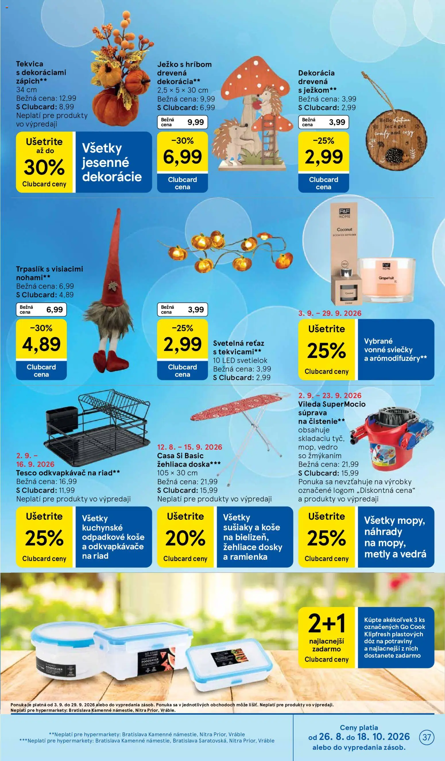 Nové Tesco akcie – leták je platný od 02.09.2026 | Strana: 37 | Produkty: Riad, Vonné sviečky, Žehliaca doska, Tekvica