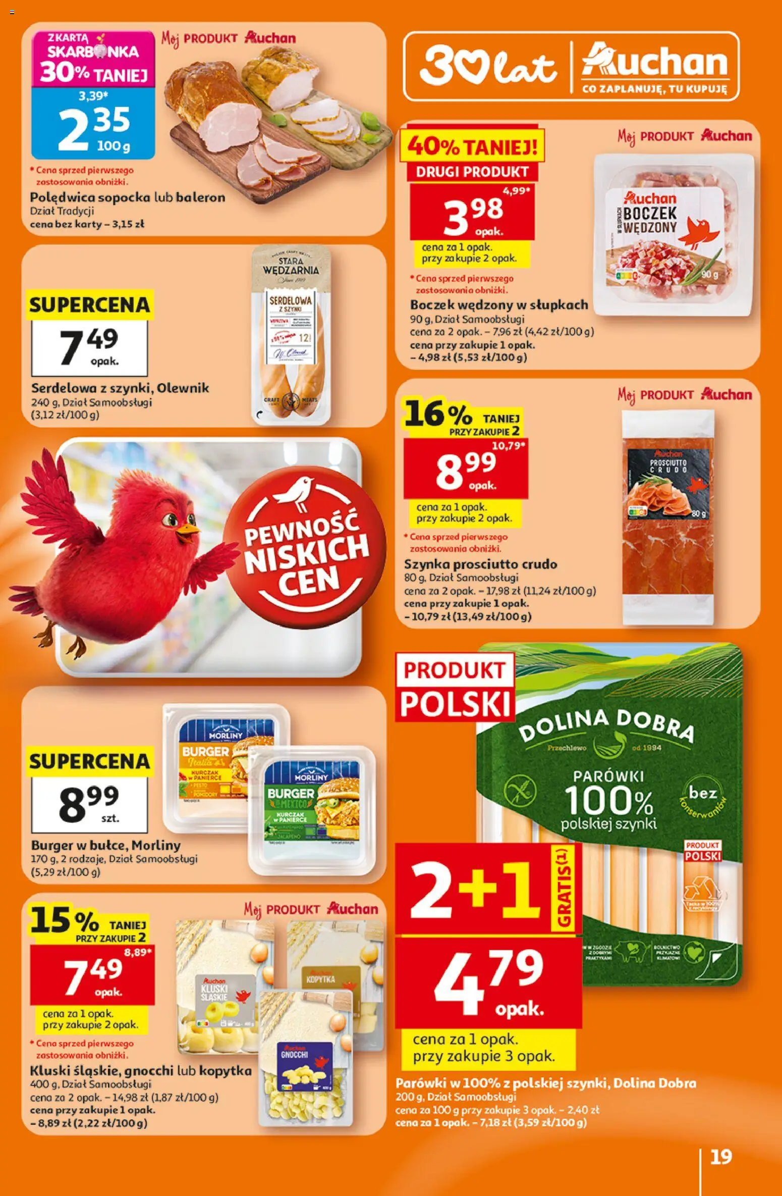 Auchan gazetka - 30 Lat Hipermarket od 16.07.2026 | Strona: 19 | Produkty: Szynka prosciutto, Kluski śląskie, Boczek, Prosciutto