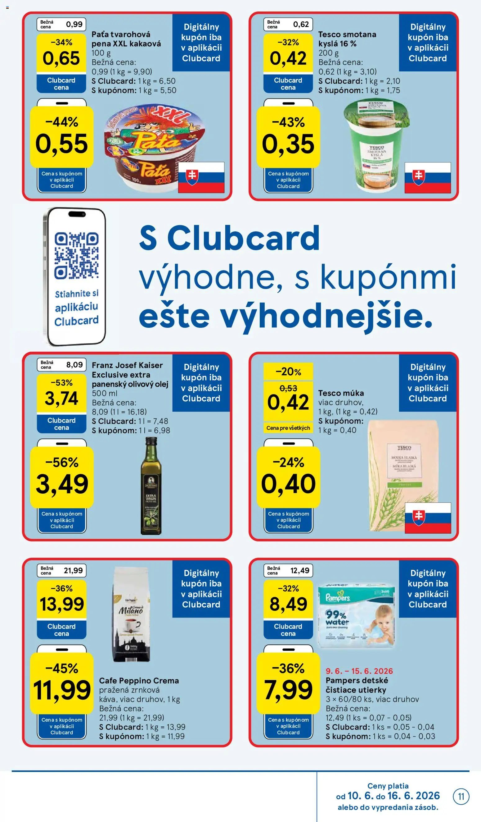 Nové Tesco akcie – leták je platný od 10.06.2026 | Strana: 11 | Produkty: Smotana, Čistiace utierky, Múka, Pampers