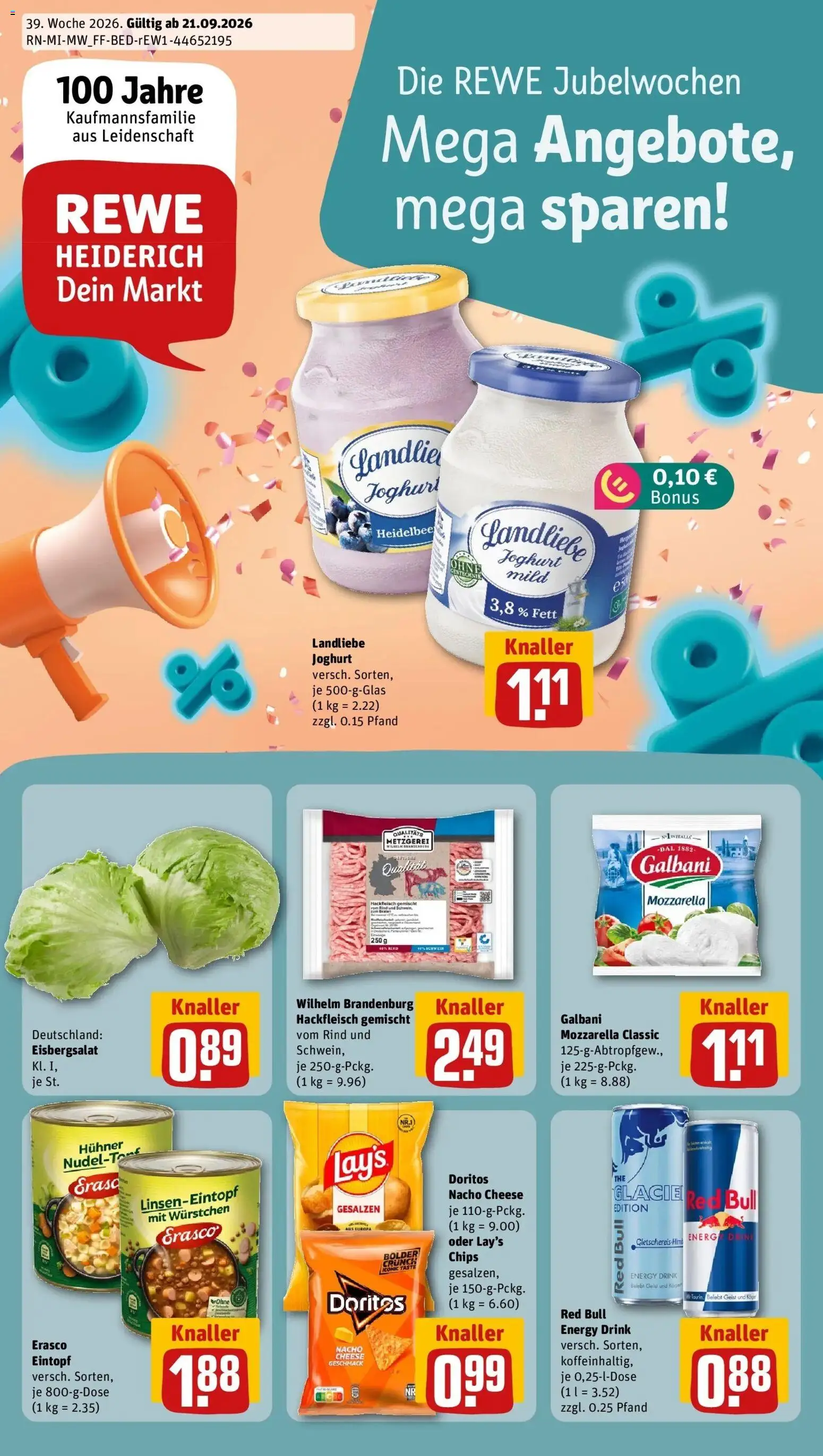 REWE Prospekt ab 21.09.2026 zum Blättern » Angebote | Seite: 1 | Produkte: Energy, Mozzarella, Chips, Hackfleisch