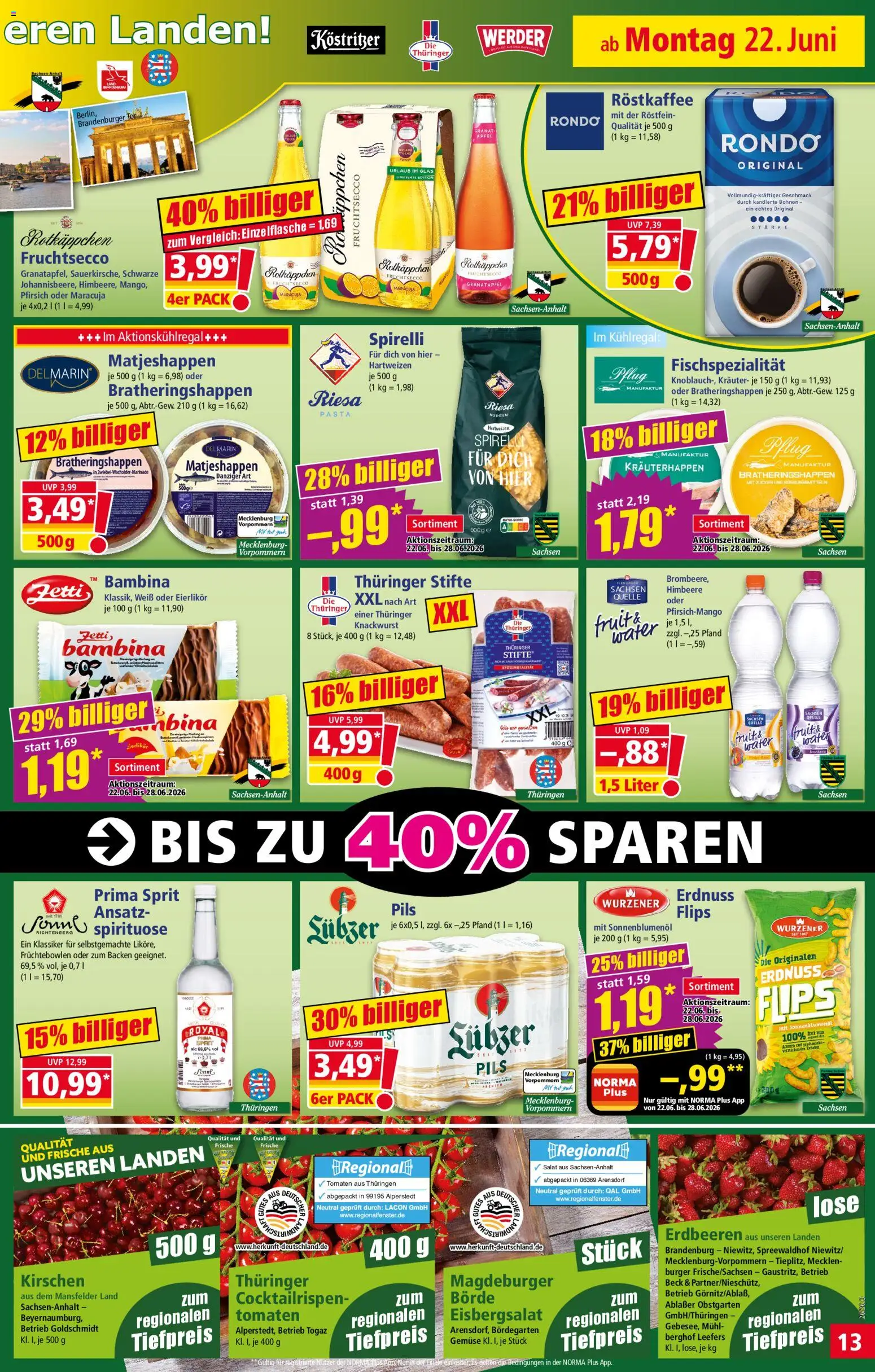Norma Prospekt – gültig ab 22.06.2026 | Seite: 13 | Produkte: Kostritzer, Sonnenblumenol, Eisbergsalat, Erdbeeren