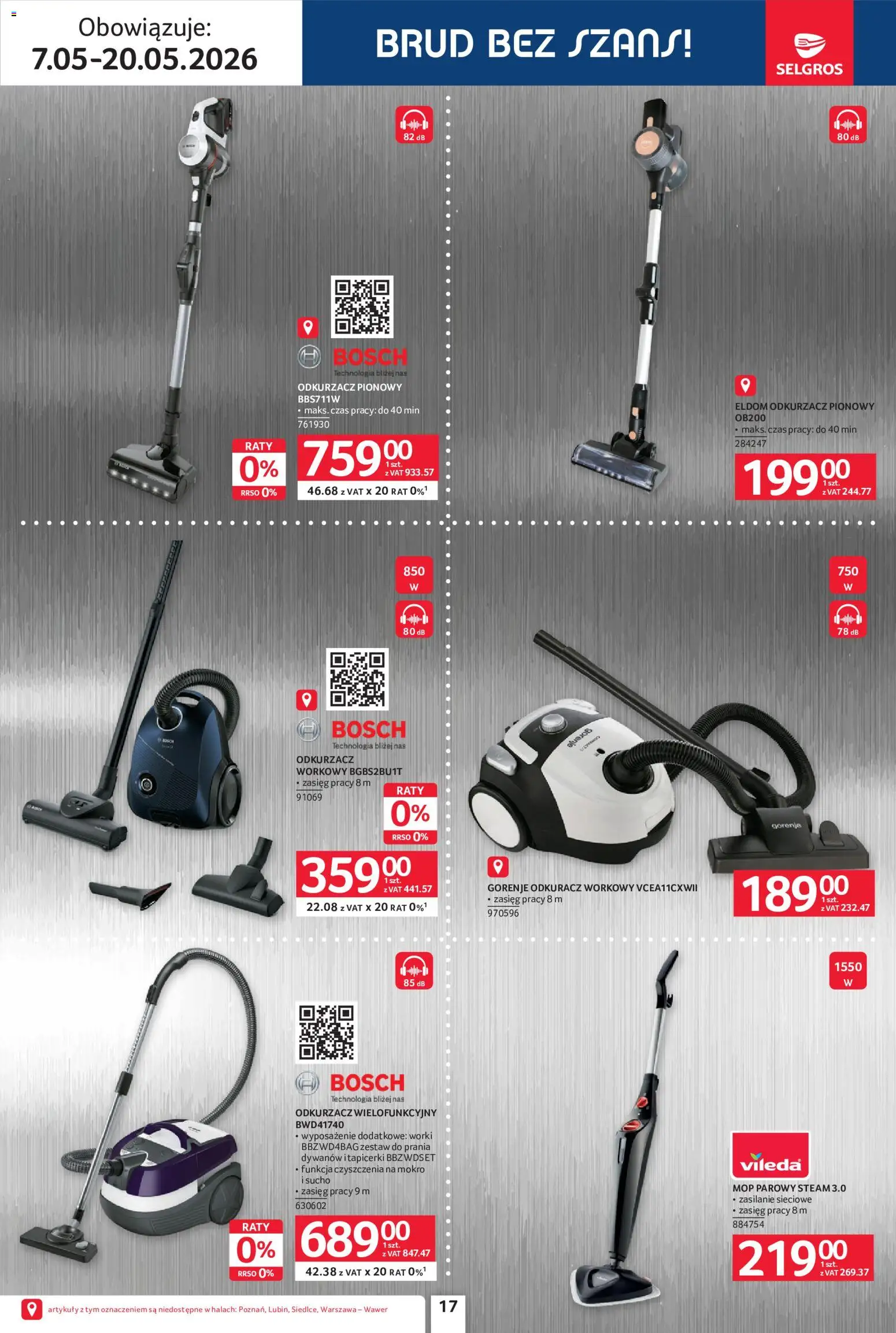 Selgros cash&carry gazetka - Elektro AGD od 07.05.2026 | Strona: 17 | Produkty: Odkurzacz, Odkurzacz pionowy, Mop parowy