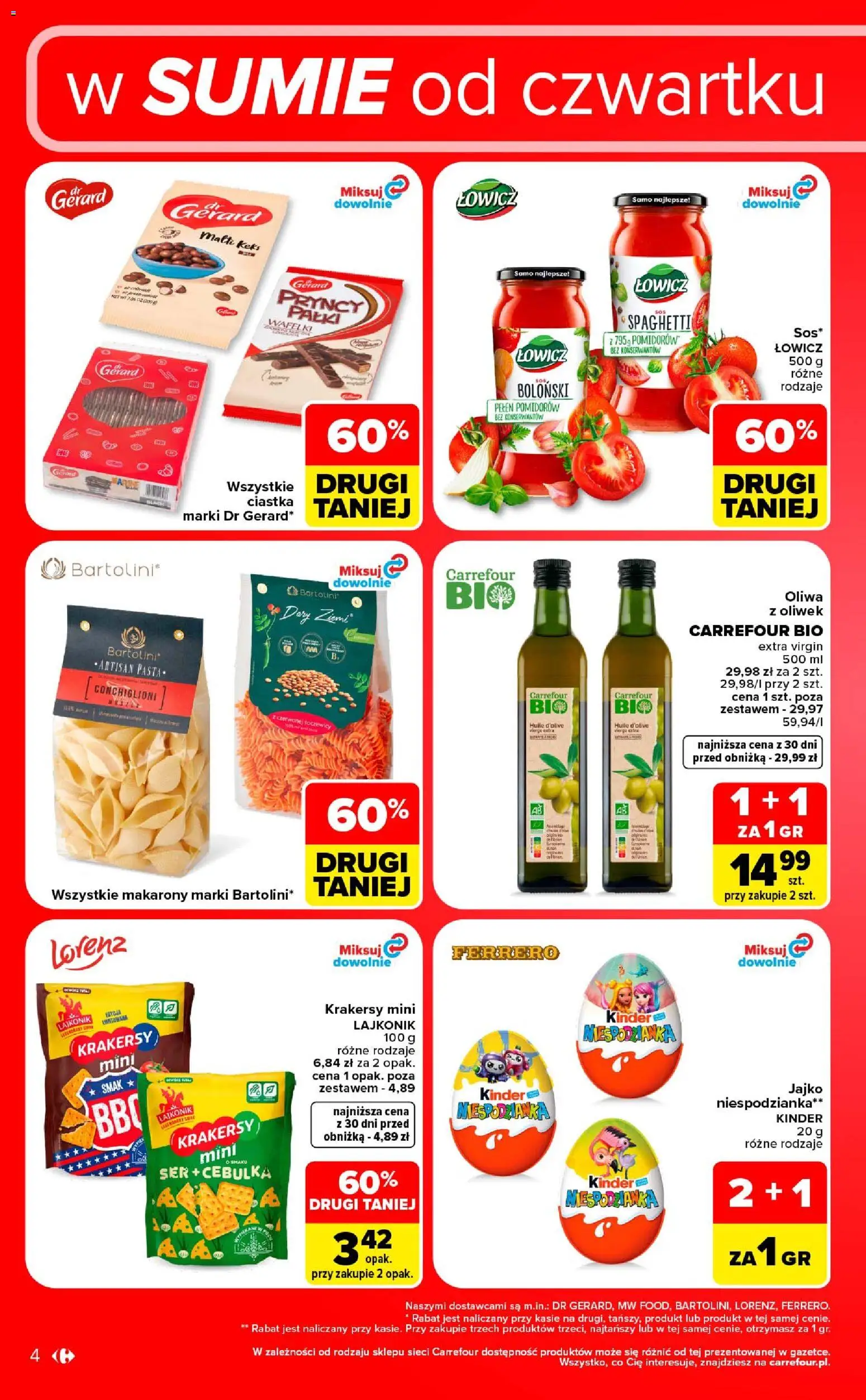 Carrefour gazetka - Weekend okazji od 17.09.2026 | Strona: 4 | Produkty: Spaghetti, Oliwa z oliwek, Wafelki, Ser