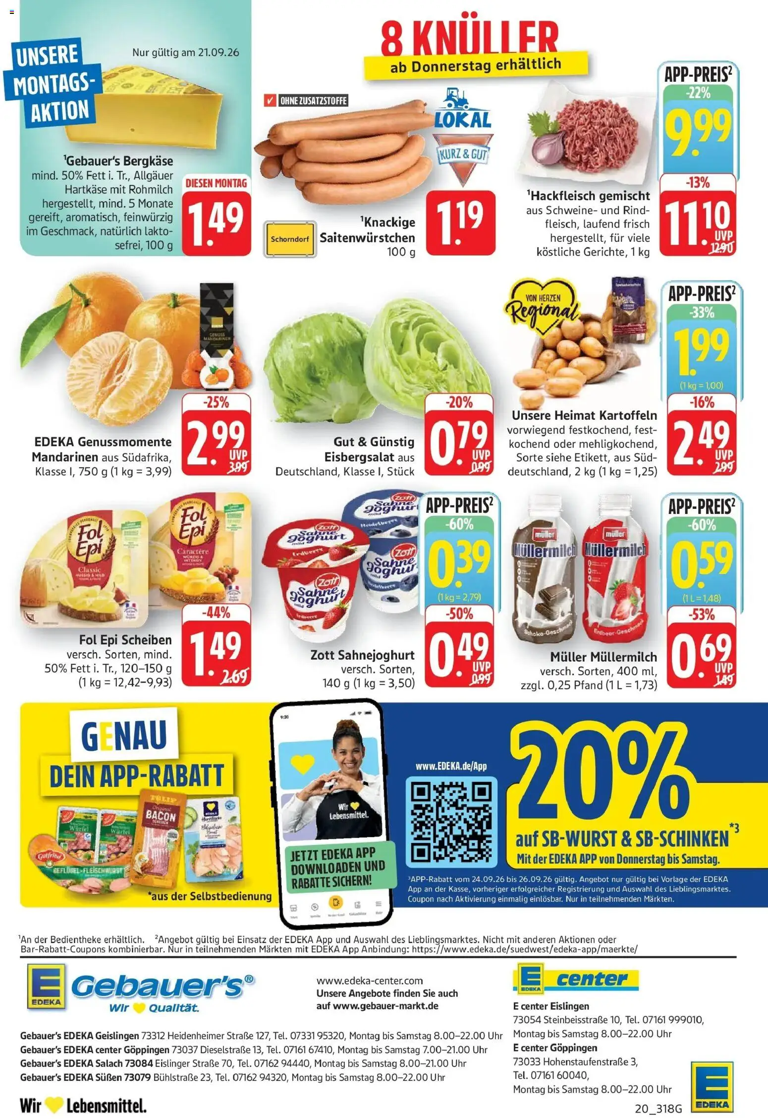 Edeka Prospekt Geislingen (ab 21.09.2026) » Angebote Online | Seite: 20 | Produkte: Joghurt, Eisbergsalat, Muller mullermilch, Sahne