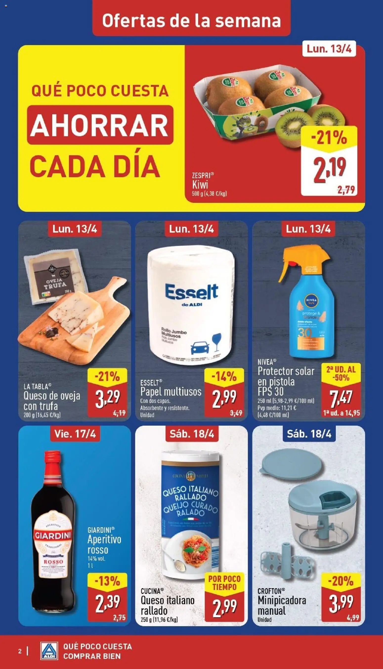 Aldi folleto Península │ válido desde el 13.04.2026 | Página: 2 | Productos: Protector solar, Queso de oveja, Queso, Kiwi