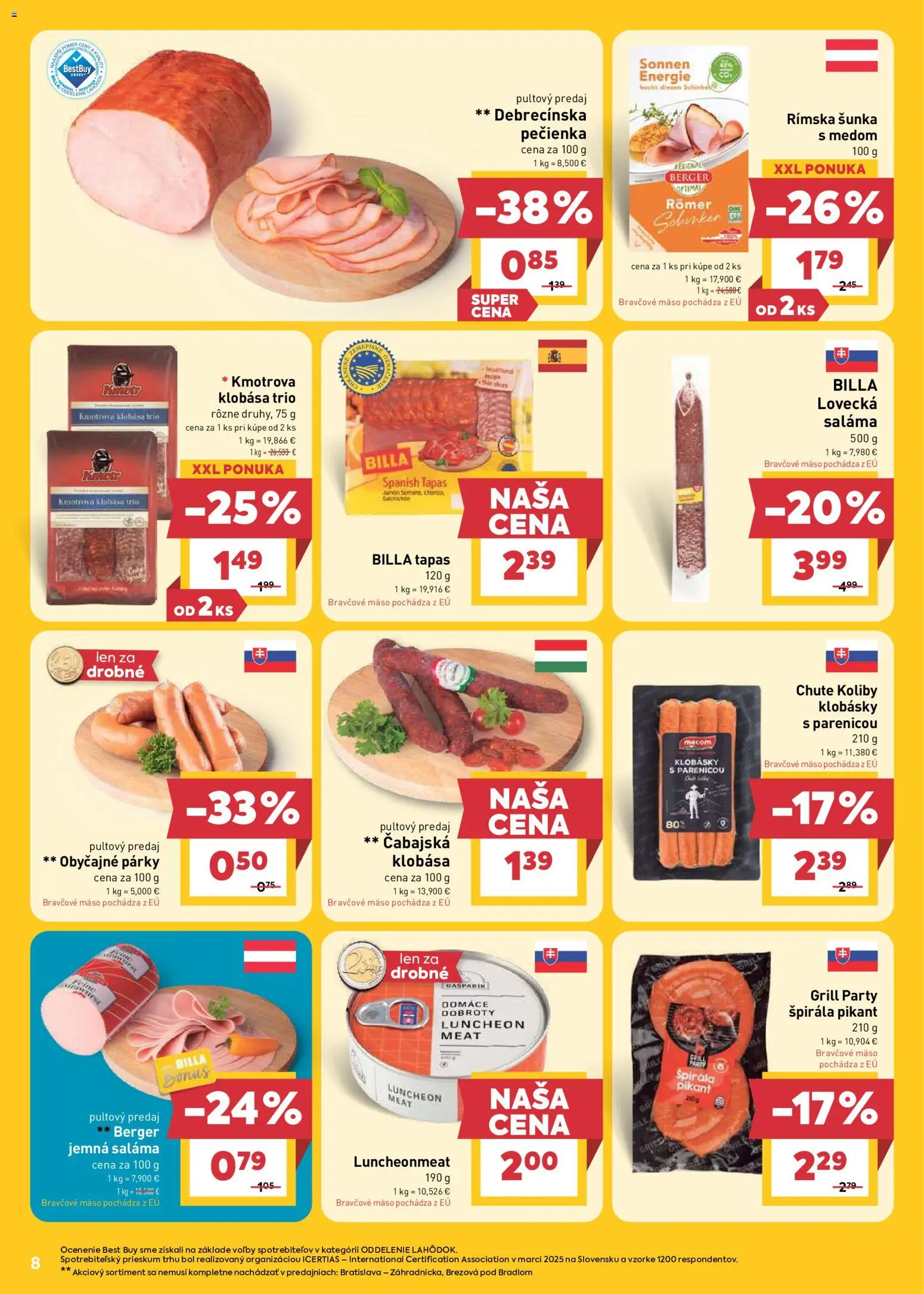 Nové Billa akcie – leták je platný od 15.04.2026 | Strana: 8 | Produkty: Saláma, Šunka, Klobása, Bravčové mäso