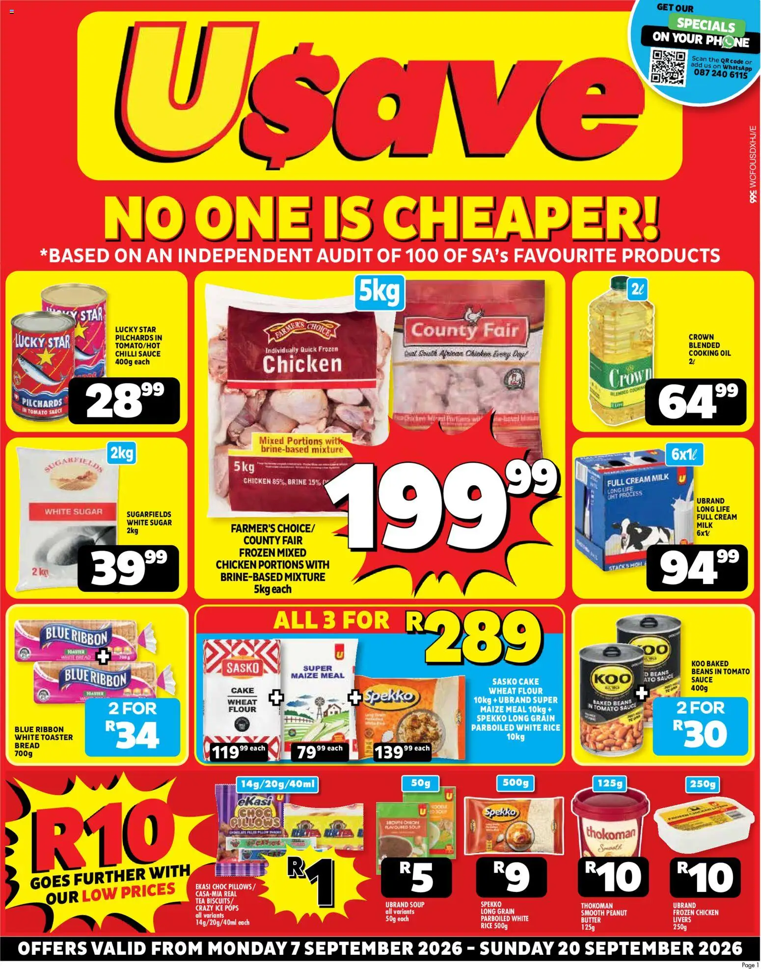 New Usave catalogue – valid from 07/09/2026 | Page: 1 | Products: Flour, Toaster, Maize meal, Tomato sauce