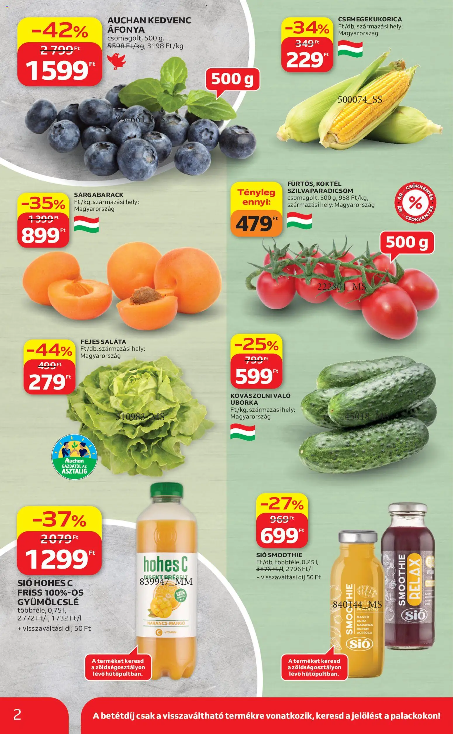 Auchan akciós ujság - amely érvényes a következő dátumtól: 2026.07.09. | Oldal: 2 | Termékek: Kovászolni való uborka, Hohes c, Banán, Smoothie
