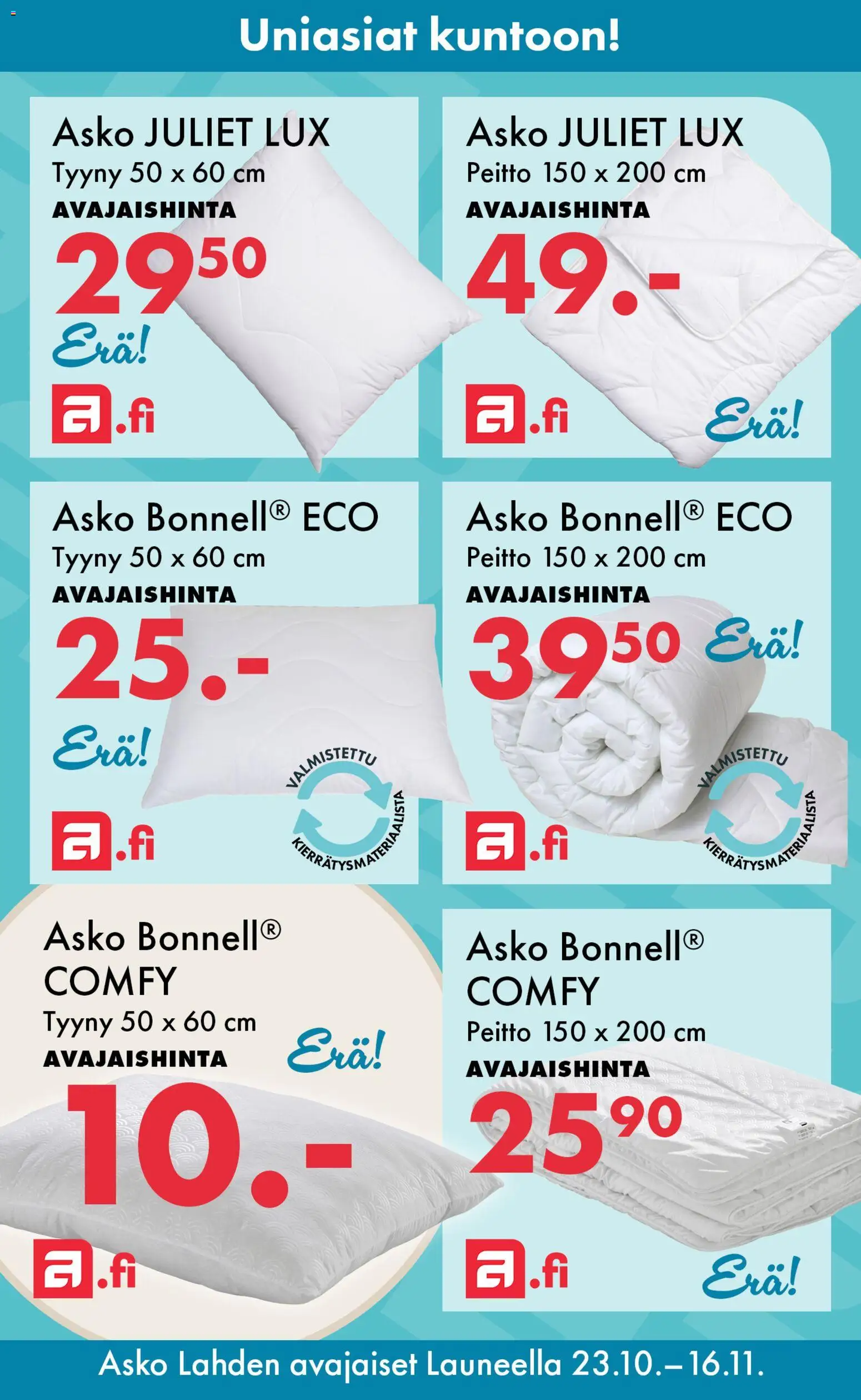 Asko tarjoukset Lahti – voimassa 23/10/2026 alkaen | Sivu: 9 | Tuotteet: Tyyny, Peitto