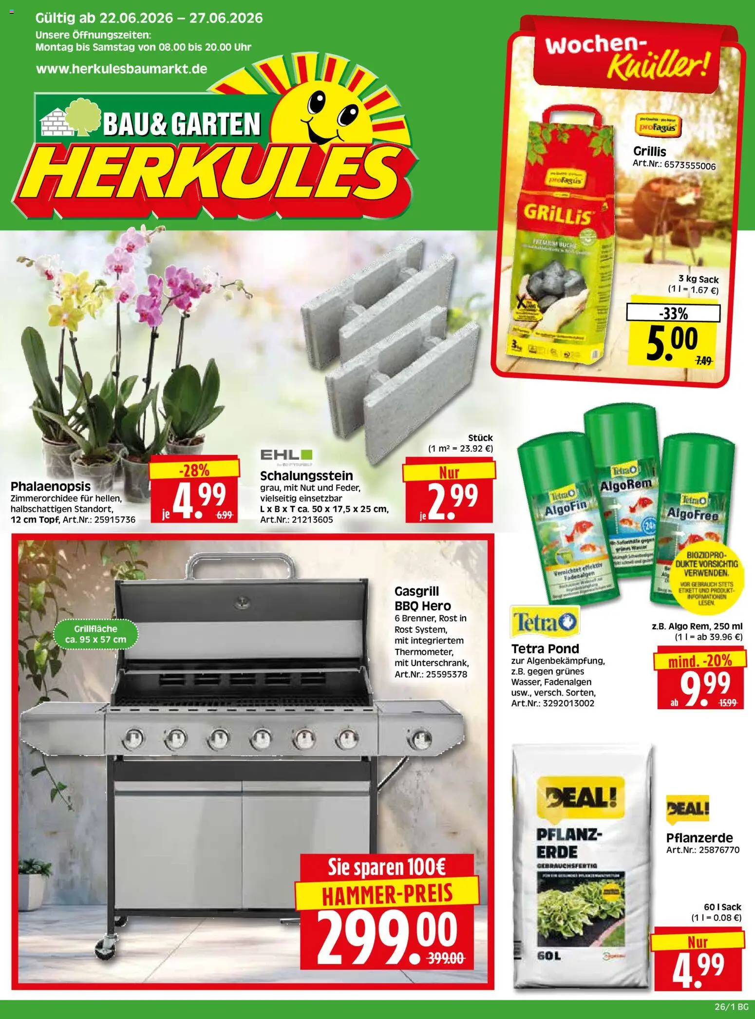 HERKULES Bau & Garten – gültig ab 22.06.2026 | Seite: 1 | Produkte: Pflanzerde, Uhr