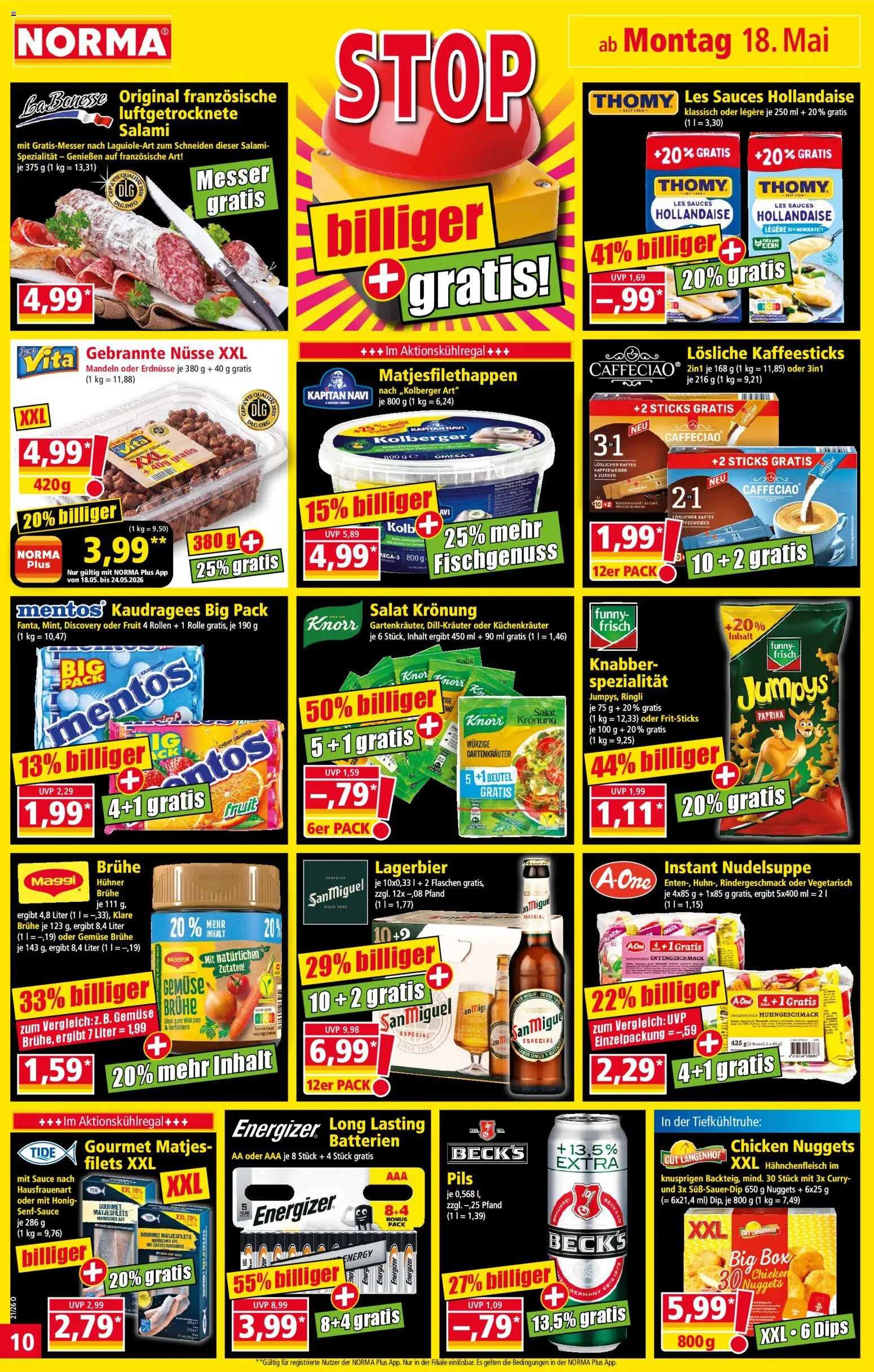 Norma Prospekt – gültig ab 18.05.2026 | Seite: 10 | Produkte: Erdnüsse, Thomy les sauces, Pils, Knorr
