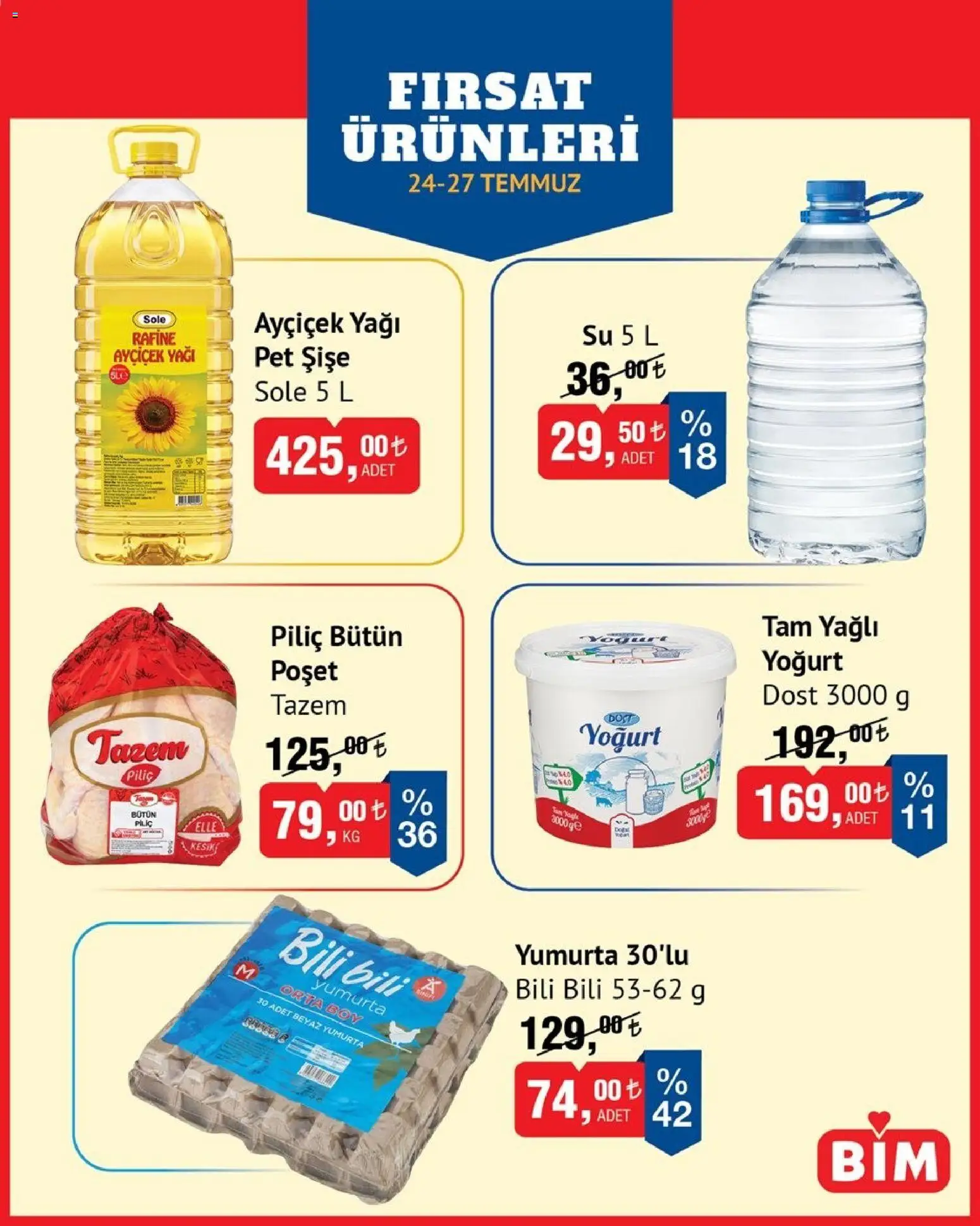 BİM - Fırsat Ürünleri - 24 Temmuz 2026 tarihinden itibaren geçerlidir | Sayfa: 1 | Ürünler: Yoğurt, Yumurta, Su, Piliç