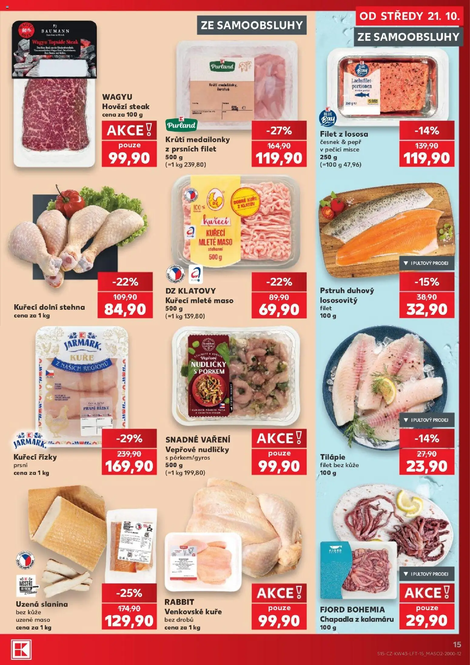 Kaufland leták - Plzeň od 21.10.2026 | Strana: 15 | Produkty: Hovězí, Filet z lososa, Mleté maso, Slanina