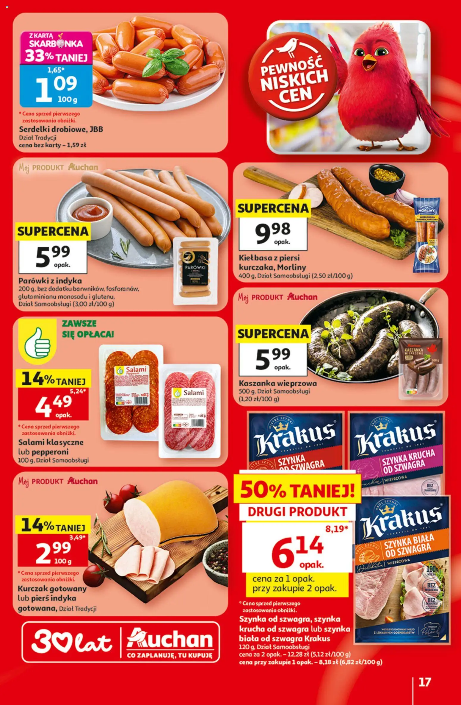 Auchan gazetka - 30 Lat Hipermarket od 09.07.2026 | Strona: 17 | Produkty: Kiełbasa, Piersi, Parówki z indyka, Salami