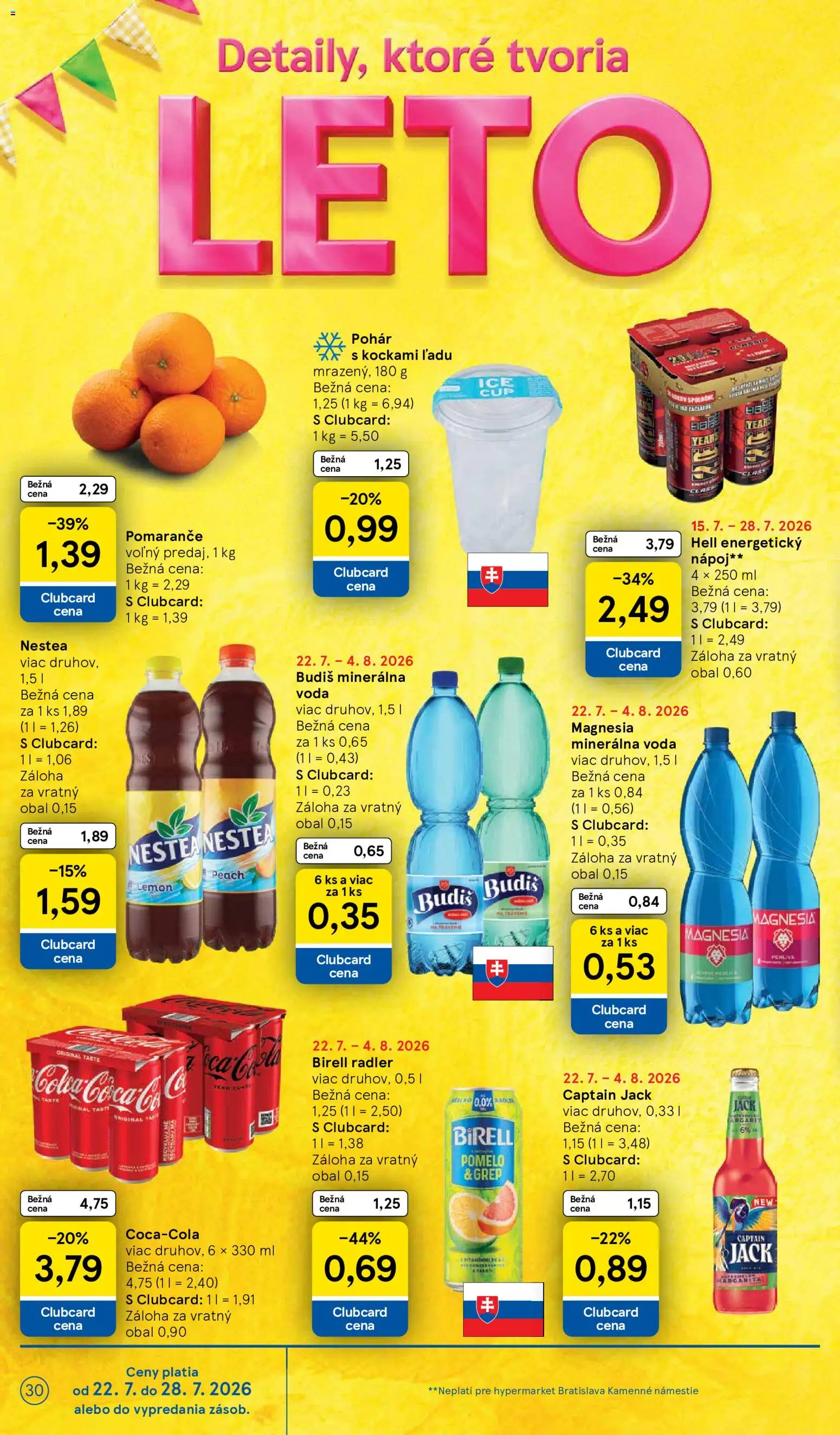 Nové Tesco akcie – leták je platný od 22.07.2026 | Strana: 30 | Produkty: Pomaranče, Budiš, Magnesia, Minerálna voda