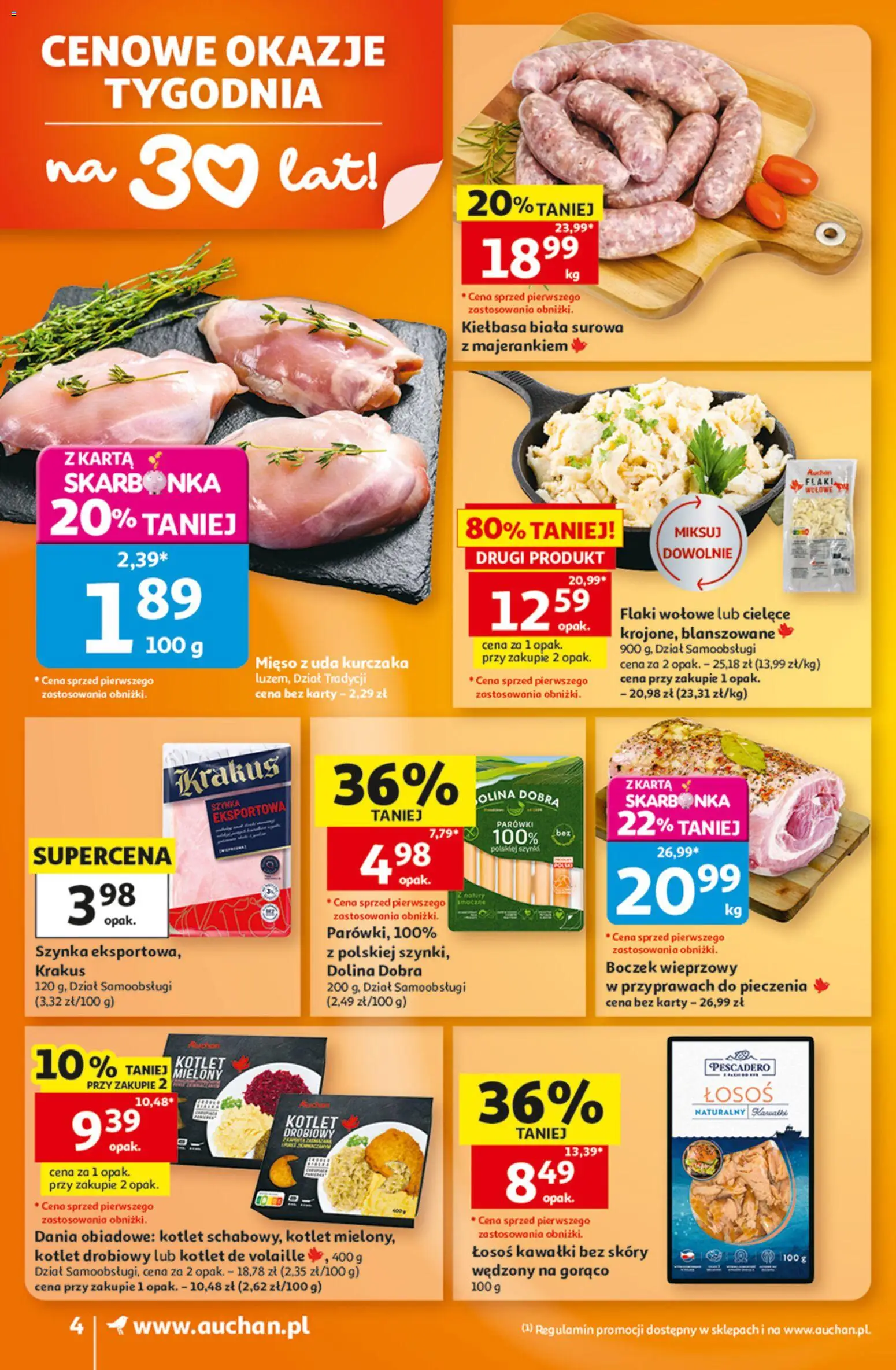 Auchan gazetka od 08.10.2026 | Strona: 4 | Produkty: Łosoś, Boczek, Flaki wołowe, Kiełbasa biała surowa