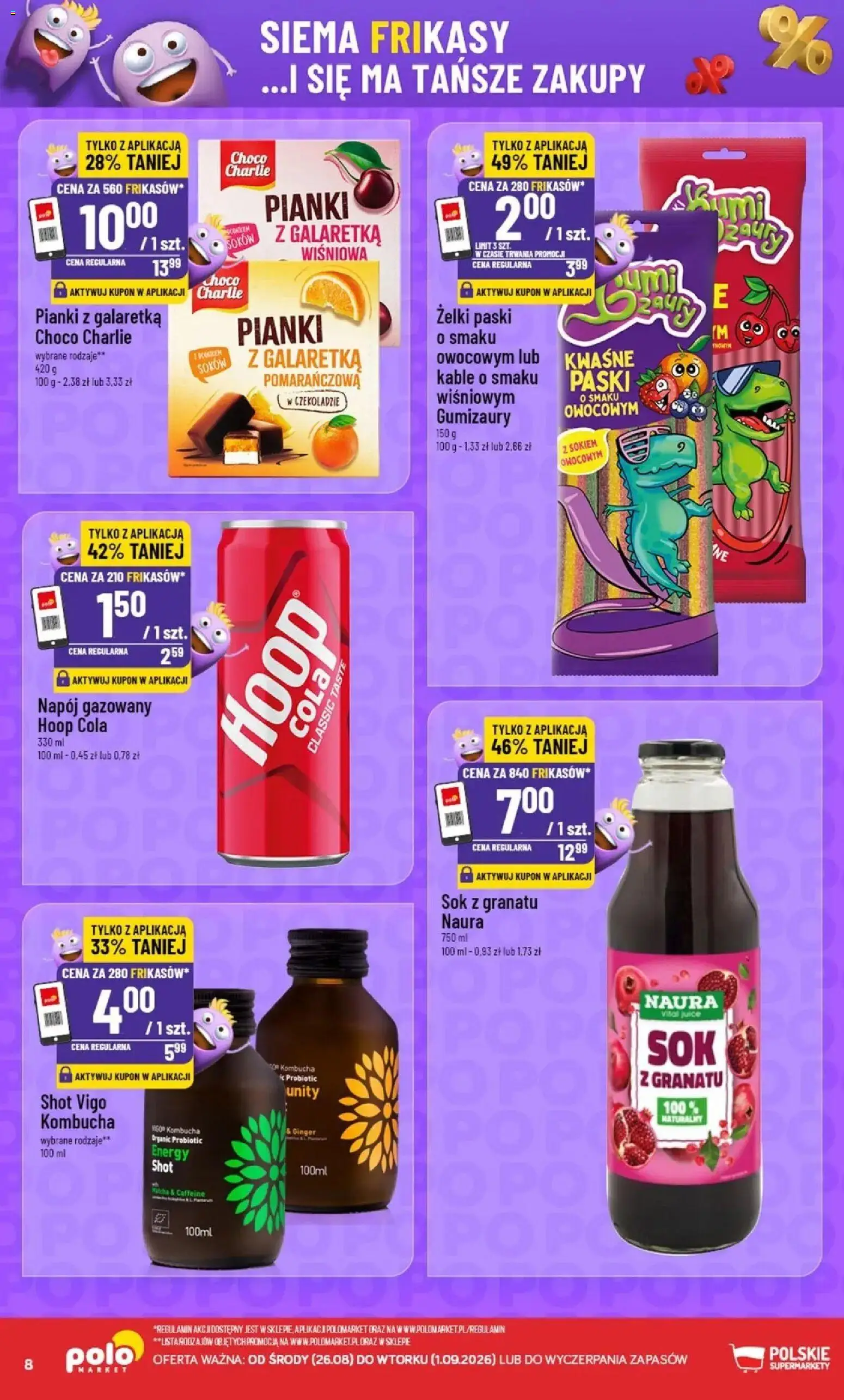 Nowa POLOmarket gazetka od jutra 26.08.2026 | Strona: 8 | Produkty: Żelki paski, Sok z granatu, Żelki, Kombucha