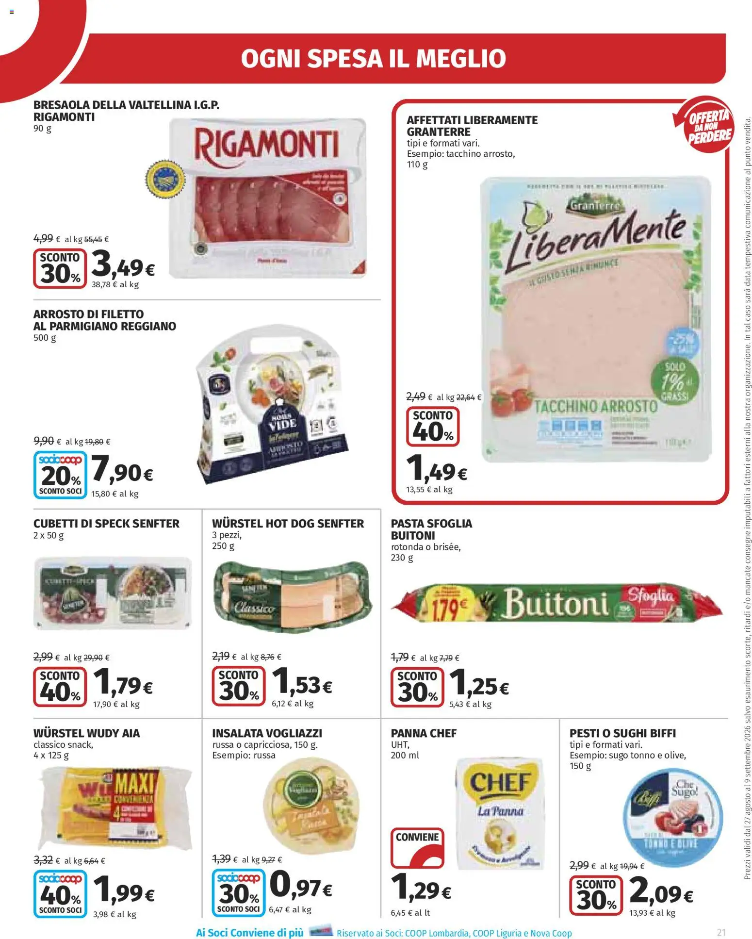 Volantino Ipercoop del 27/08/2026 | Pagina: 21 | Prodotti: Pasta sfoglia, Pasta, Wurstel, Parmigiano reggiano
