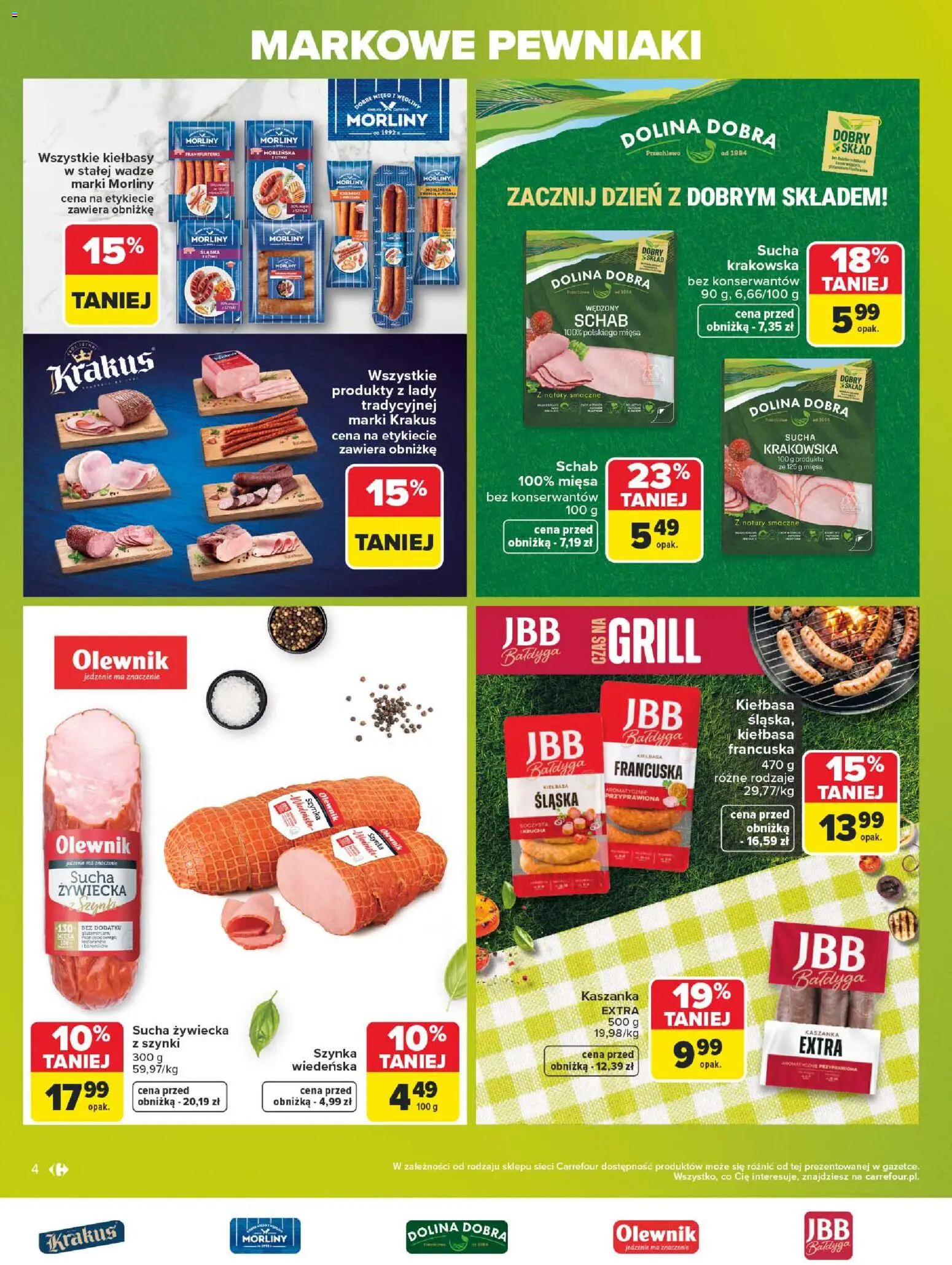 Carrefour gazetka - Markowe pewniaki od 20.07.2026 | Strona: 4 | Produkty: Kiełbasa, Grill, Kaszanka, Szynka