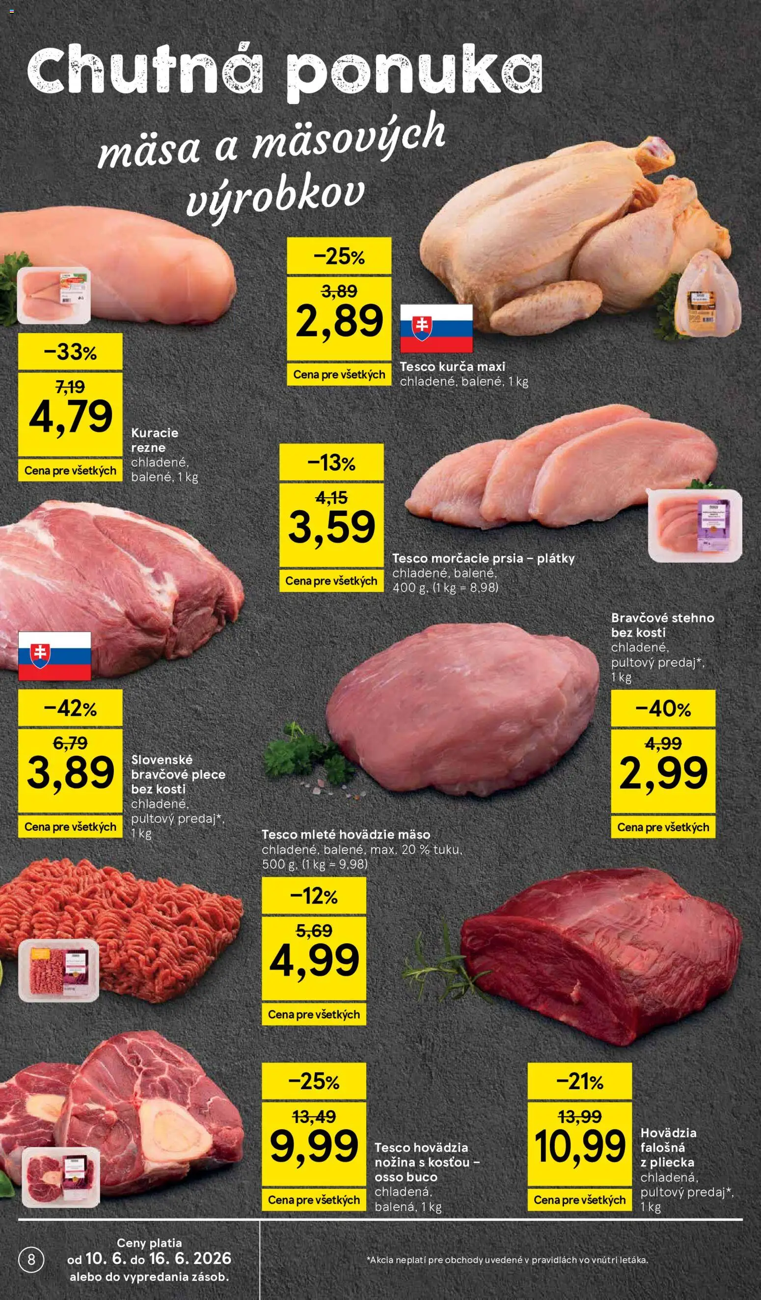 Nové Tesco akcie – leták je platný od 10.06.2026 | Strana: 8 | Produkty: Hovädzie mäso, Bravčové plece, Bravčové stehno, Kuracie rezne