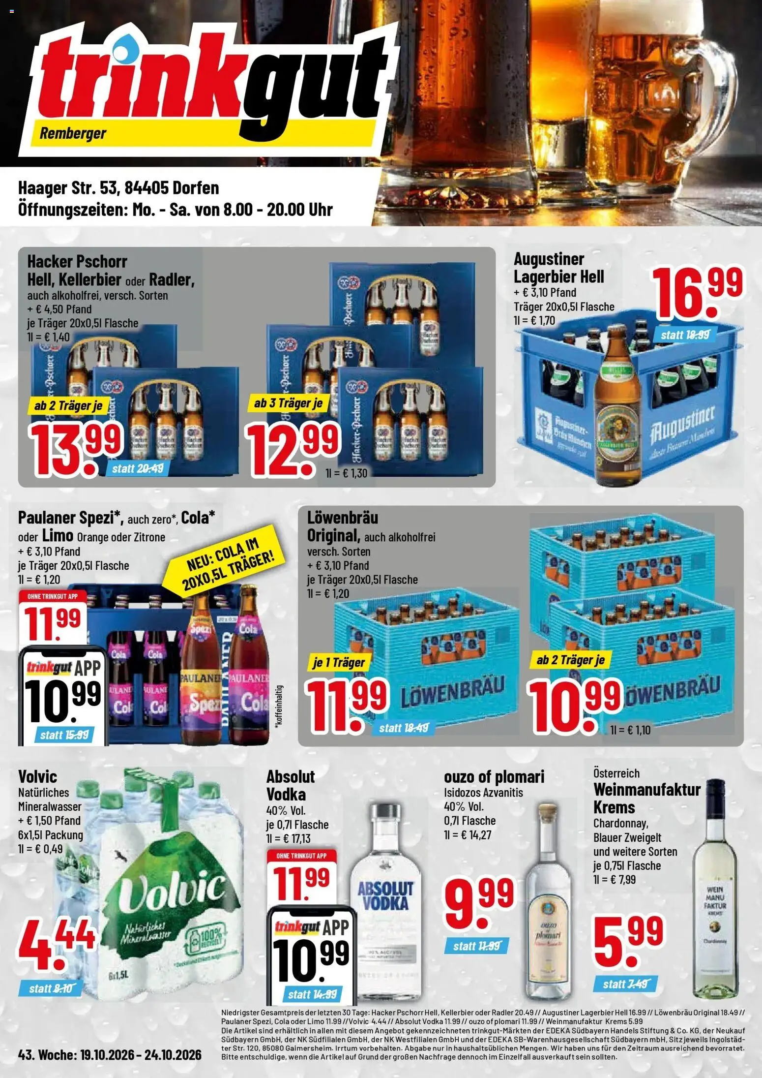 Trinkgut Prospekt Dorfen (ab 19.10.2026) » Angebote online | Seite: 1 | Produkte: Cola, Mineralwasser, Vodka, Volvic