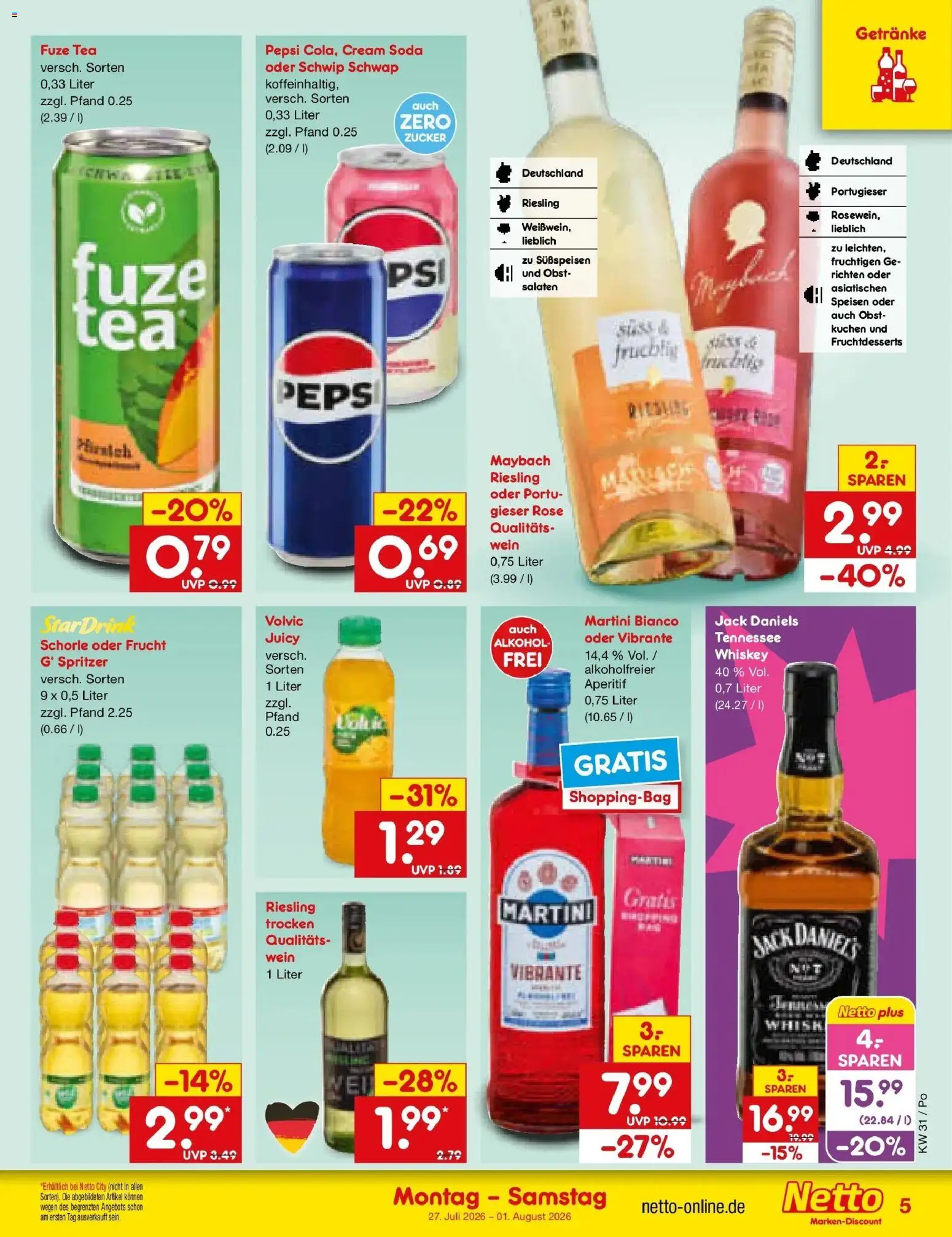 Netto Marken-Discount Prospekt Selb – gültig ab 27.07.2026 | Seite: 5 | Produkte: Martini, Jack Daniel's, Obst, Zucker
