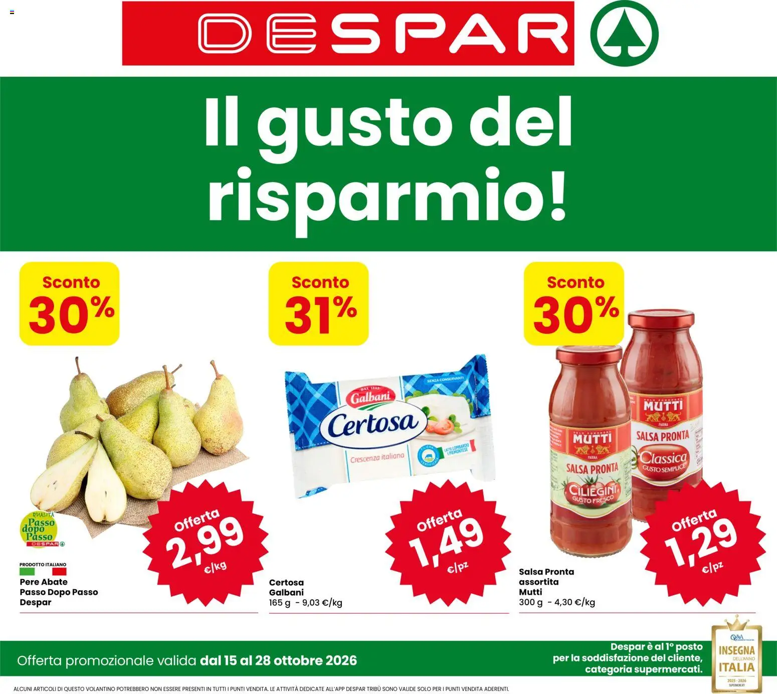 Volantino Despar del 15/10/2026 | Pagina: 1 | Prodotti: Pere, Latte, Mutti salsa, Crescenza