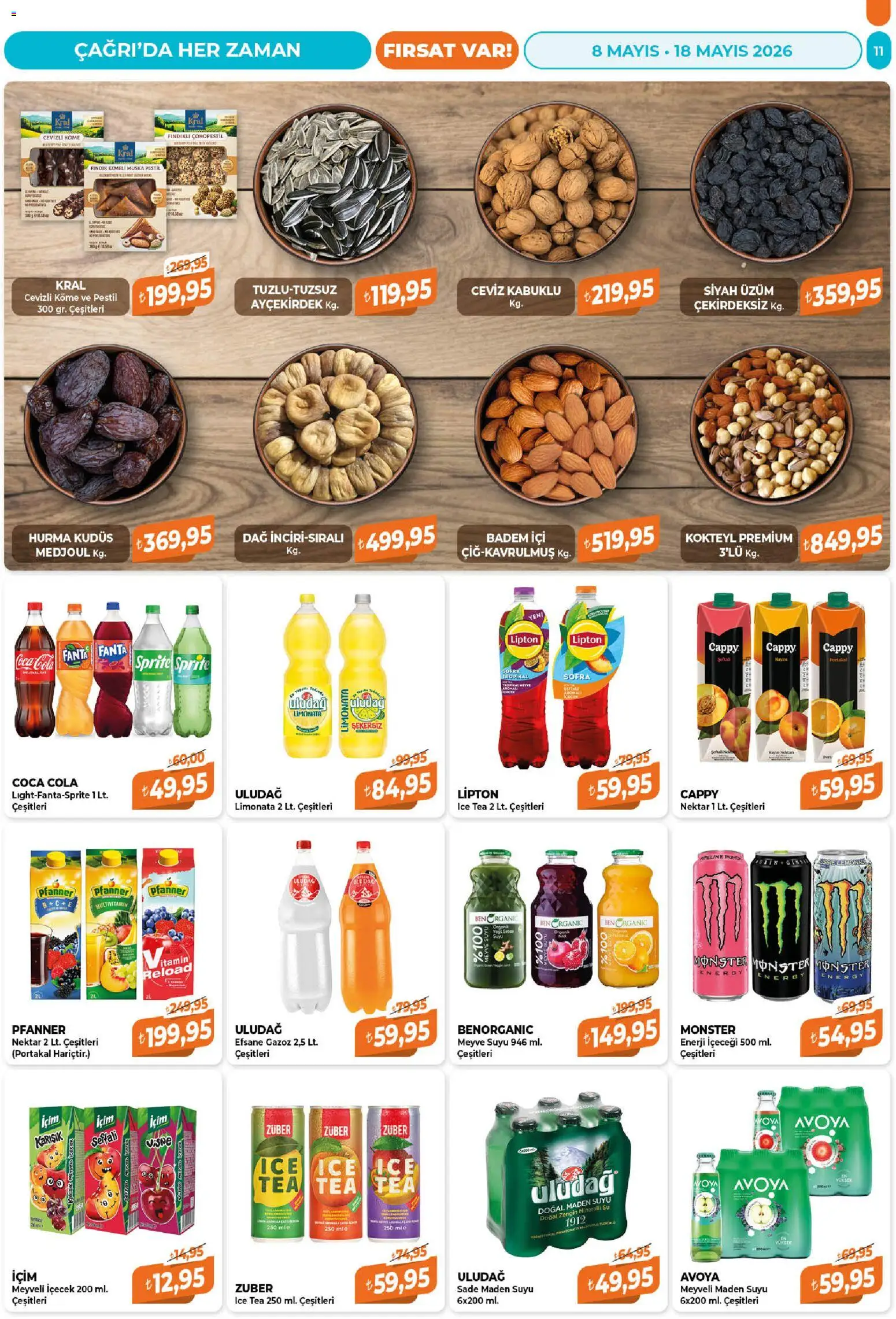 Çağrı Market Katalog - 08.05.2026 tarihinden itibaren geçerlidir | Sayfa: 11 | Ürünler: Meyve suyu, Portakal, Fındık, Sprite