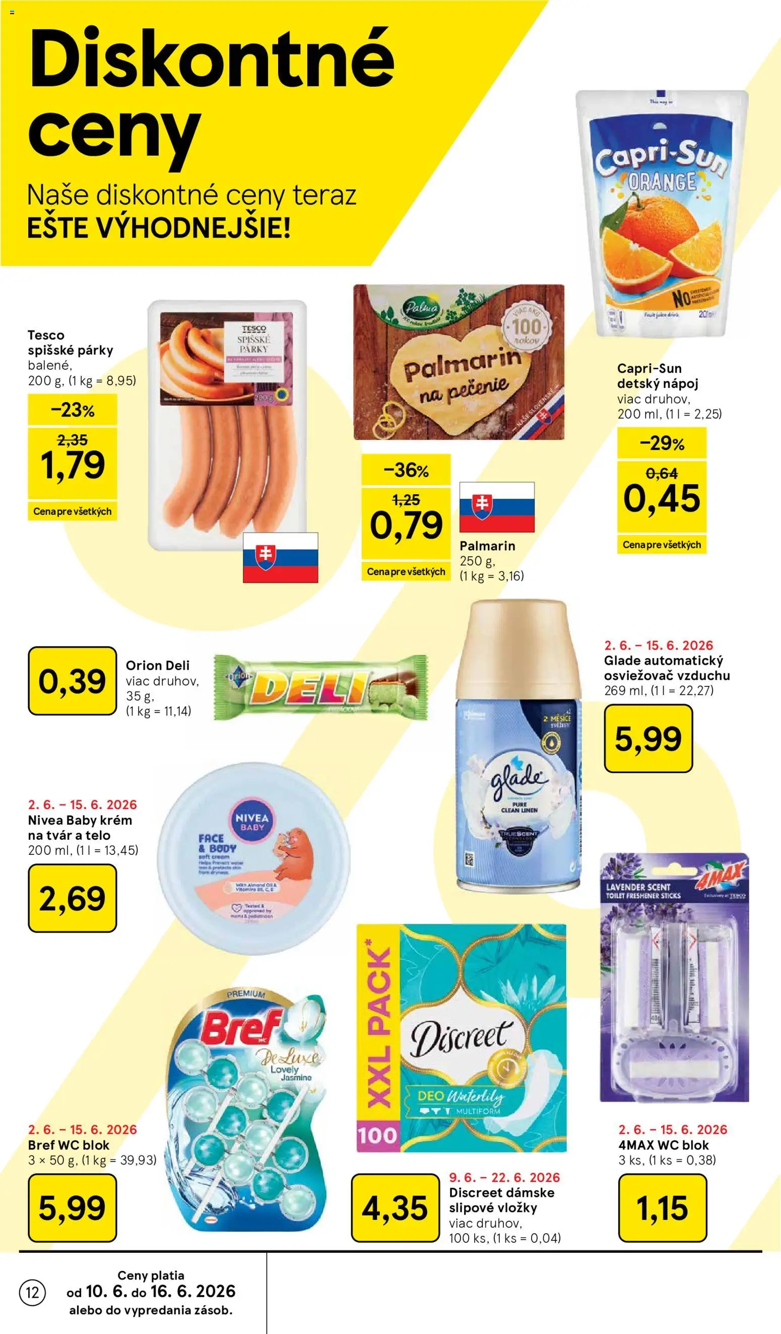 Nové Tesco akcie – leták je platný od 10.06.2026 | Strana: 12 | Produkty: Osviežovač vzduchu, Wc, Palmarin, Krém