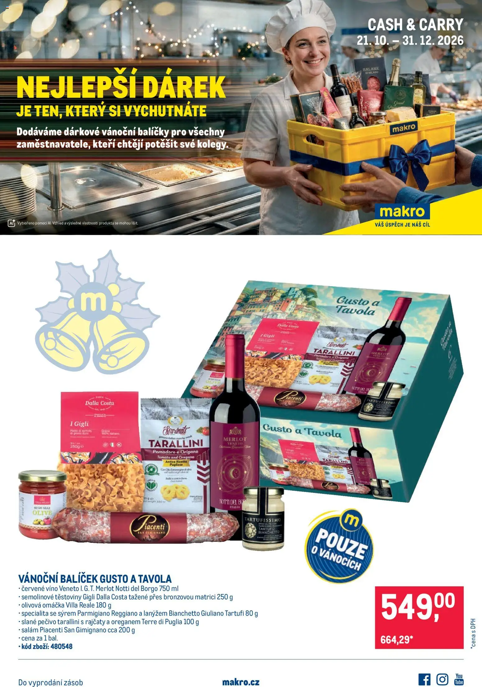 Makro leták - Vánoční balíčky od 21.10.2026 | Strana: 1 | Produkty: Červené víno, Pečivo, Slané pečivo, Parmigiano Reggiano
