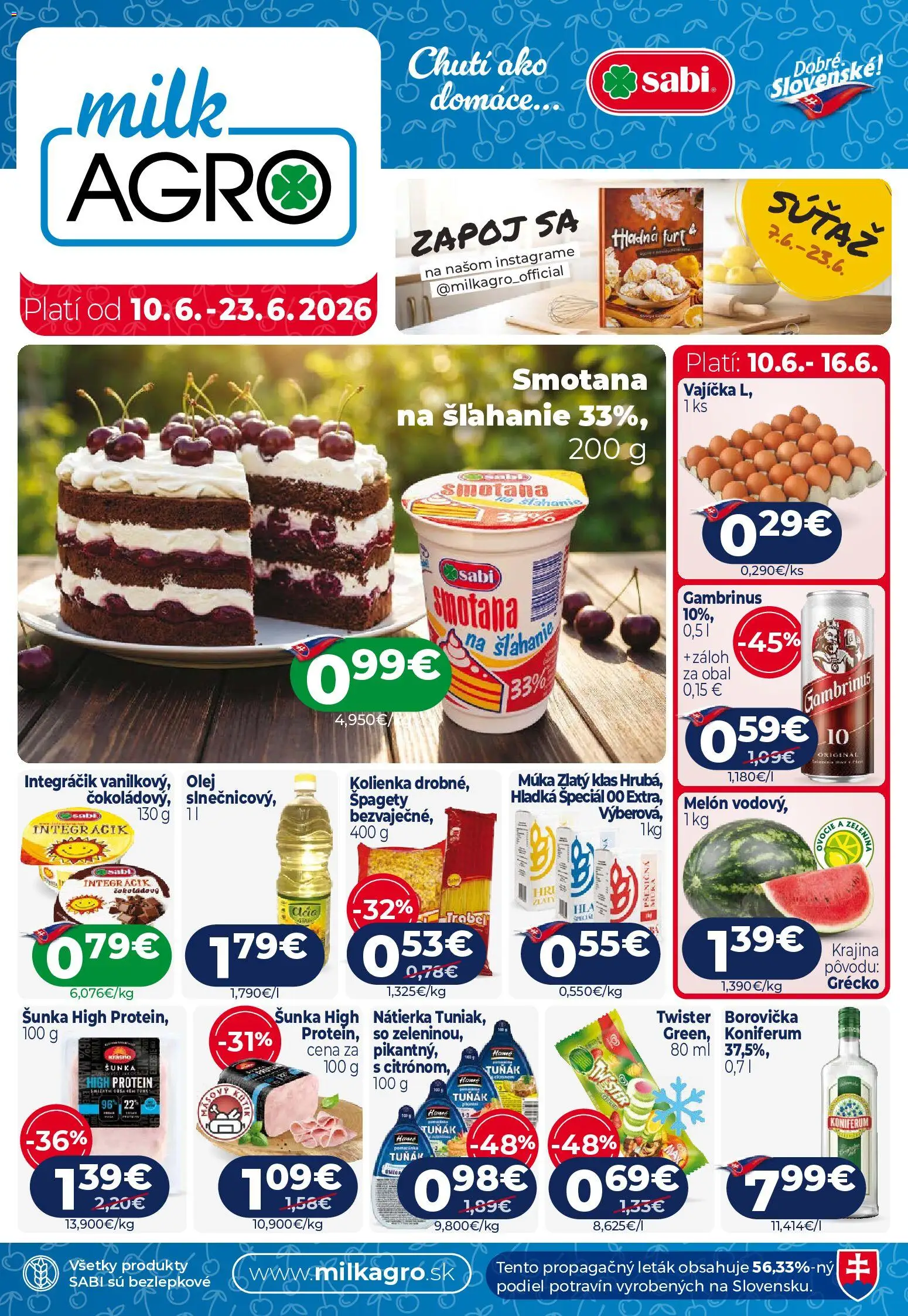 Nové Milk Agro akcie – leták je platný od 10.06.2026 | Strana: 1 | Produkty: Zlatý klas, Múka, Gambrinus, Špagety