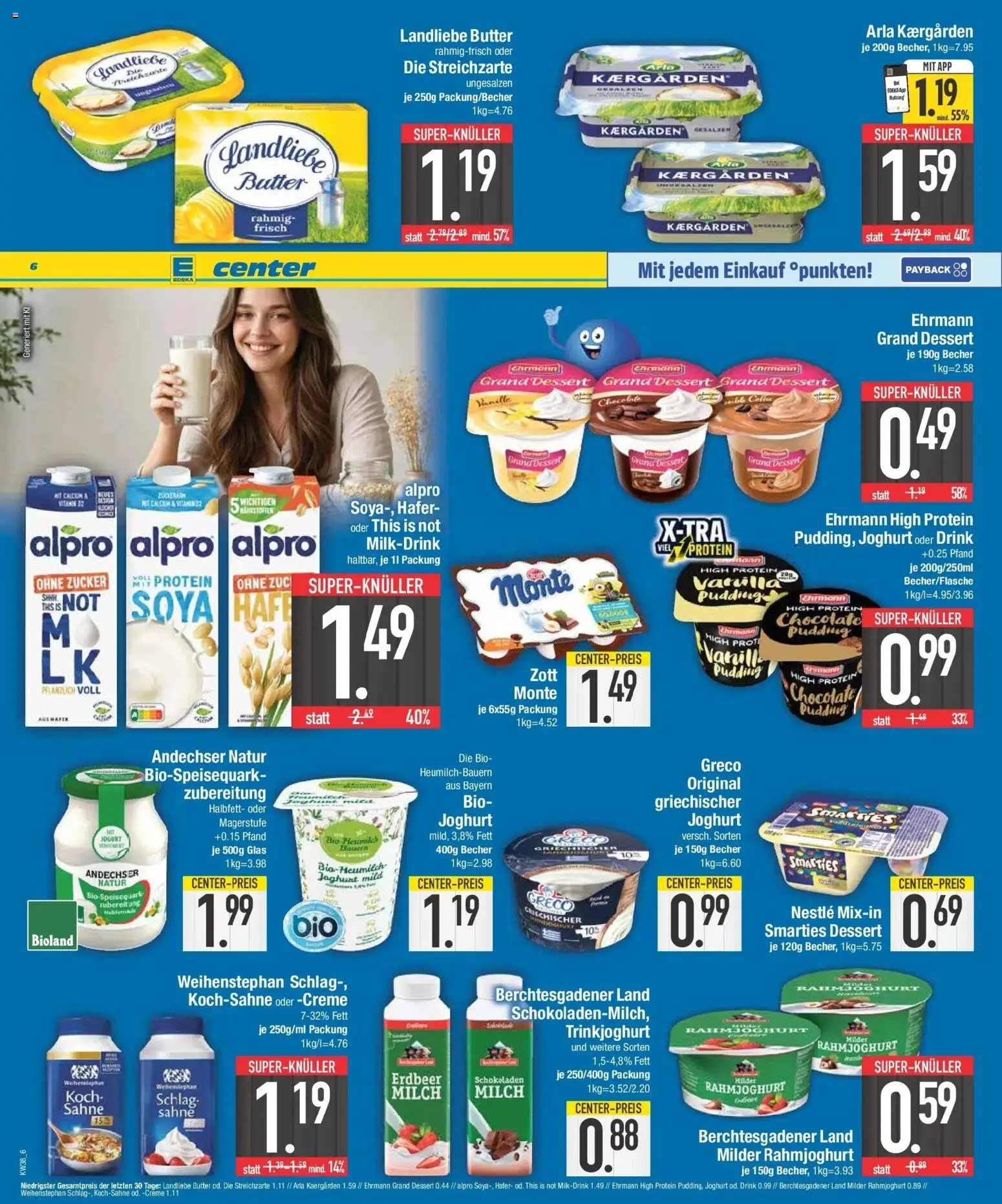 E center Prospekt München (ab 14.09.2026) zum Blättern | Seite: 6 | Produkte: Smarties, Landliebe butter, Trinkjoghurt, Sahne