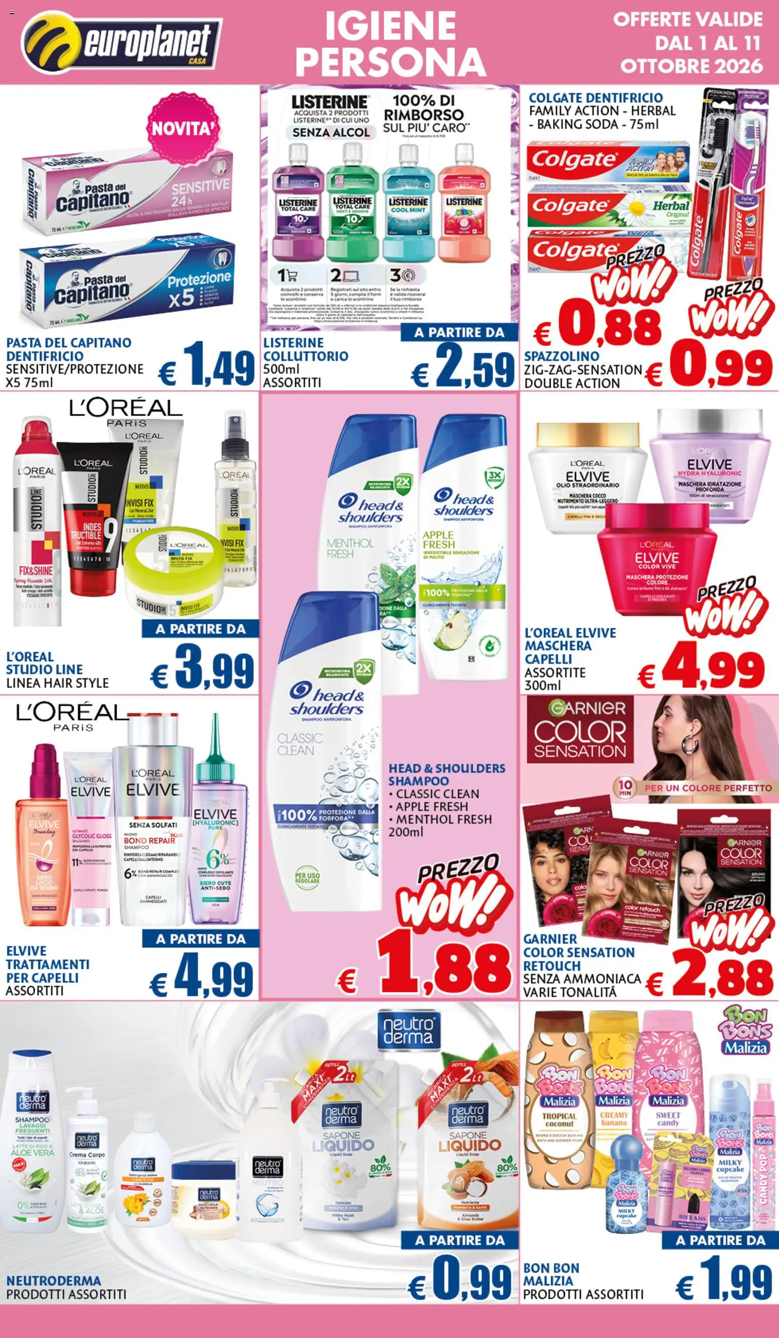 Volantino Europlanet Casa del 01/10/2026 | Pagina: 2 | Prodotti: Dentifricio, Listerine, Pasta, Doccia