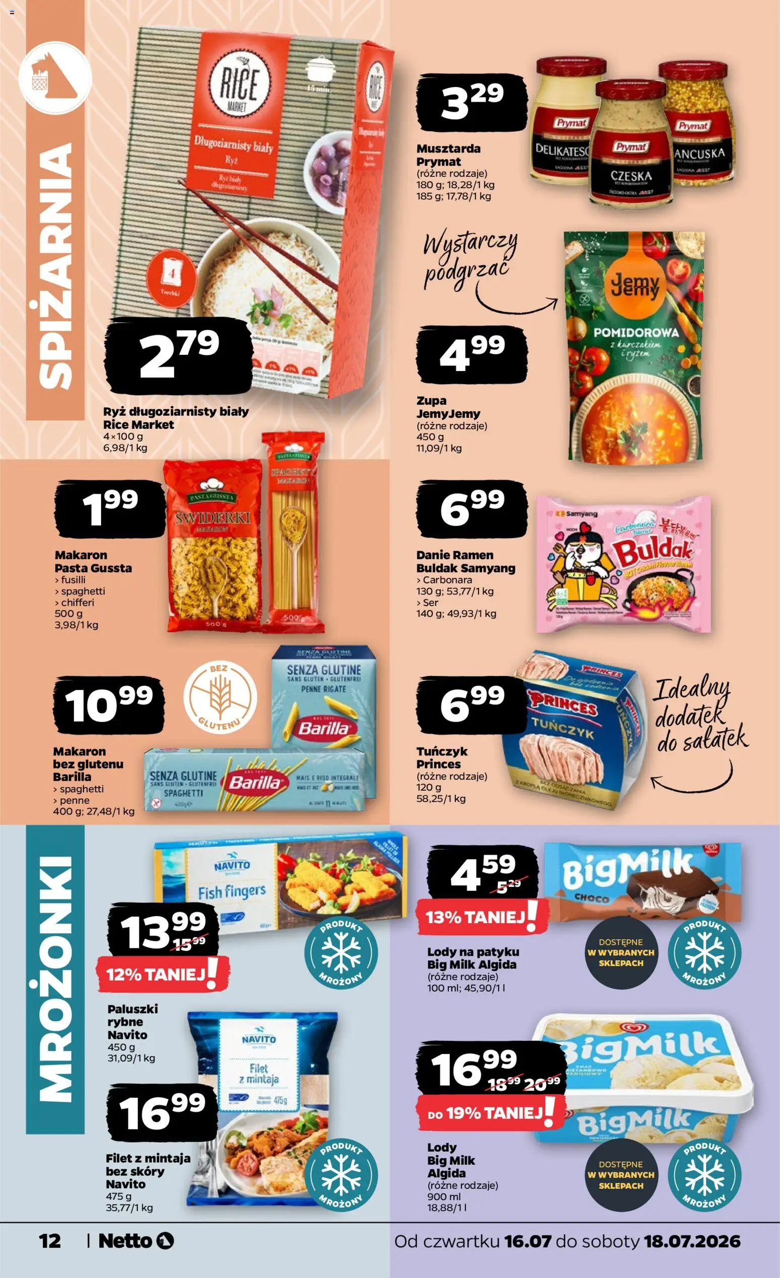 Netto gazetka od czwartku od 16.07.2026 | Strona: 12 | Produkty: Penne, Big Milk, Lody na patyku, Makaron