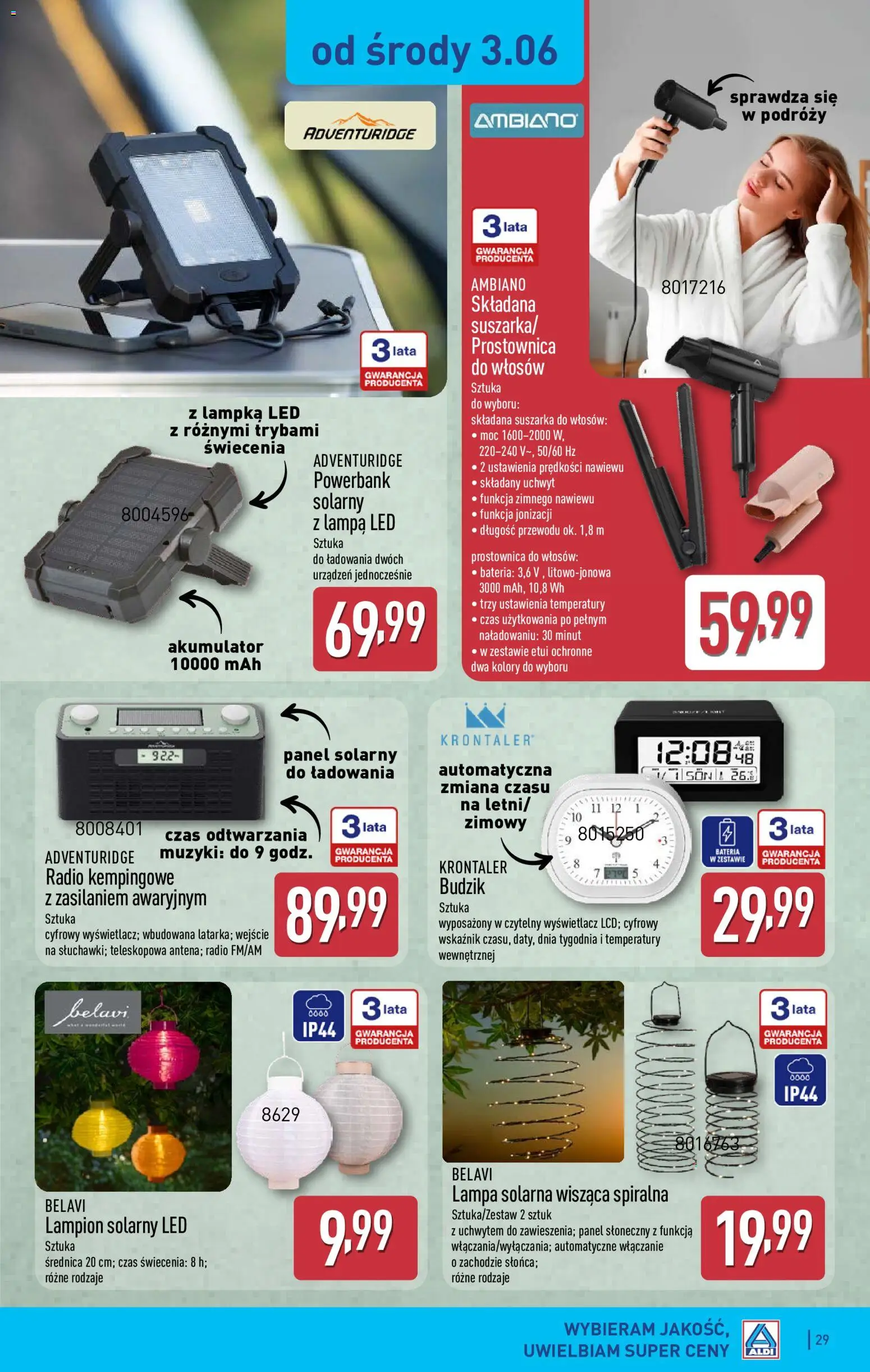 Aldi gazetka od 01.06.2026 | Strona: 29 | Produkty: Radio, Suszarka do włosów, Prostownica, Bateria