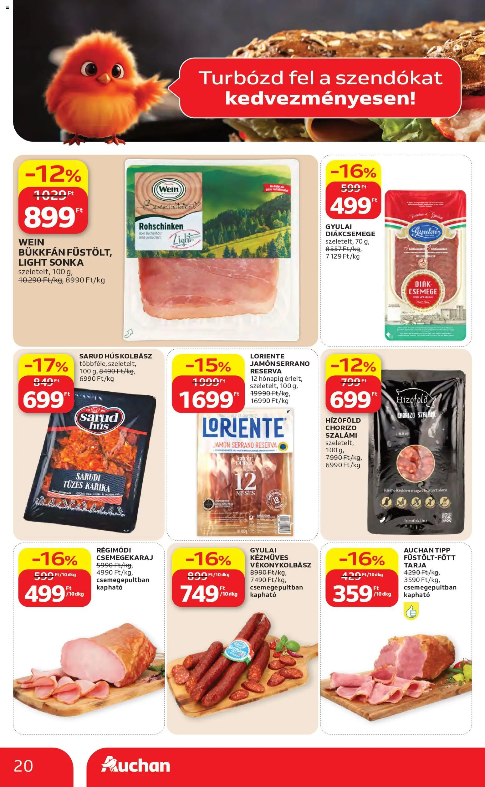 Auchan akciós ujság - amely érvényes a következő dátumtól: 07.05.2026 | Oldal: 20 | Termékek: Kolbász, Hús, Sonka, Chorizo