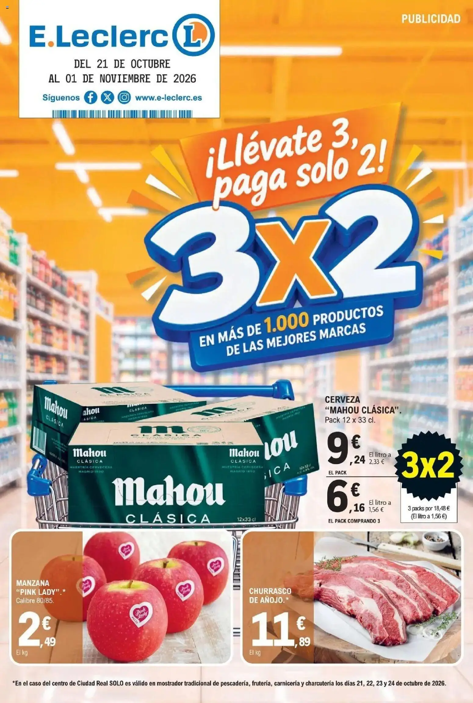 E.Leclerc Megames 3X2 21/10/2026 - 01/11/2026 | Página: 1 | Productos: Cerveza, Manzana