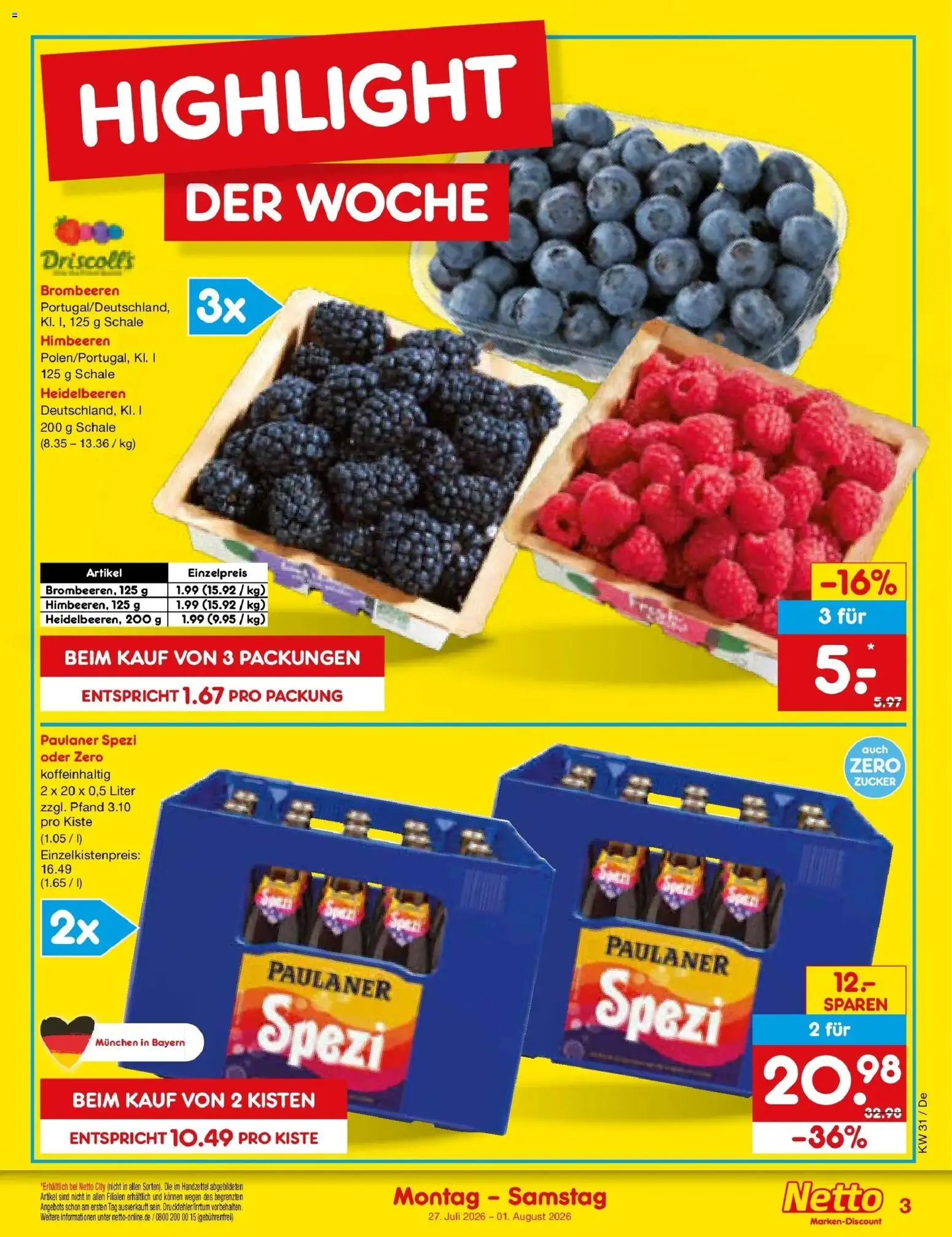 Netto Marken-Discount Prospekt Buttenwiesen – gültig ab 27.07.2026 | Seite: 3 | Produkte: Paulaner spezi, Heidelbeeren, Zucker, Paulaner